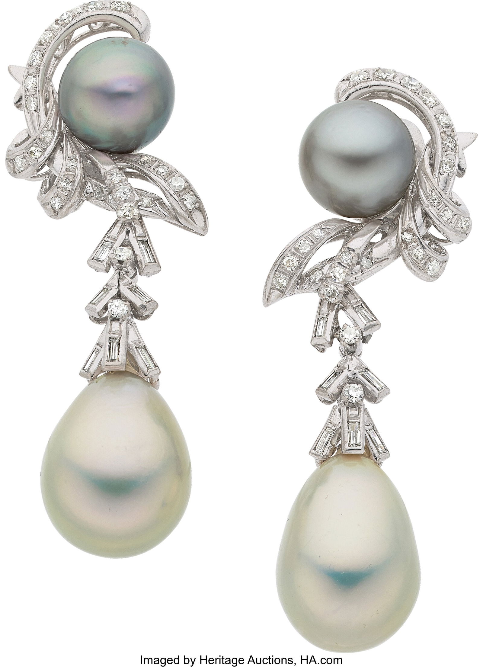 South Sea Cultured Pearl, Diamond, Palladium, W: South Sea Cultured Pearl, Diamond, Palladium, White Gold, Silver Convertible Earrings Stones: Baguette and single-cut diamonds weighing a total of approximately 1.