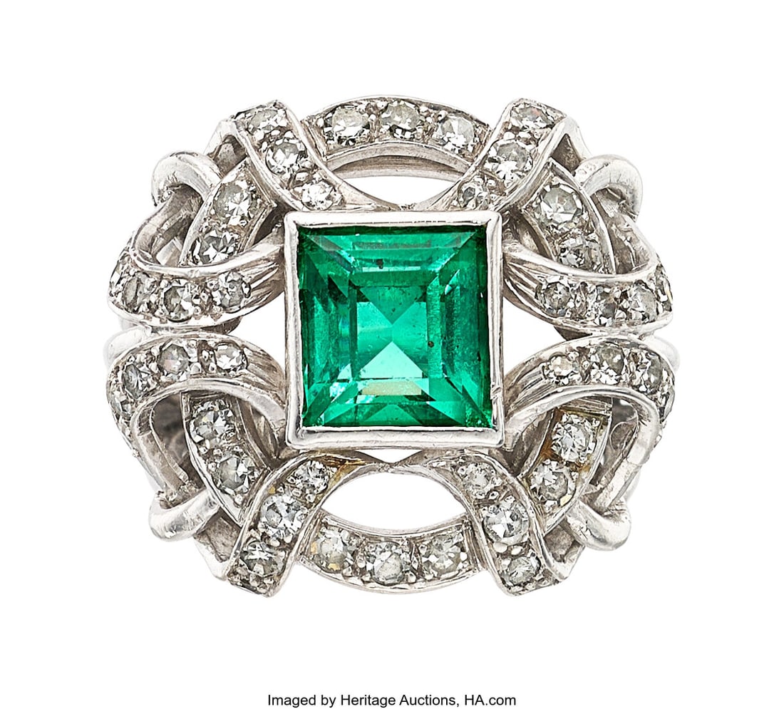 Colombian Emerald, Diamond, Palladium, Silver R: Colombian Emerald, Diamond, Palladium, Silver Ring Stones: Rectangular-shaped emerald weighing approximately 2.35 carats; single-cut diamonds weighing a total of ap