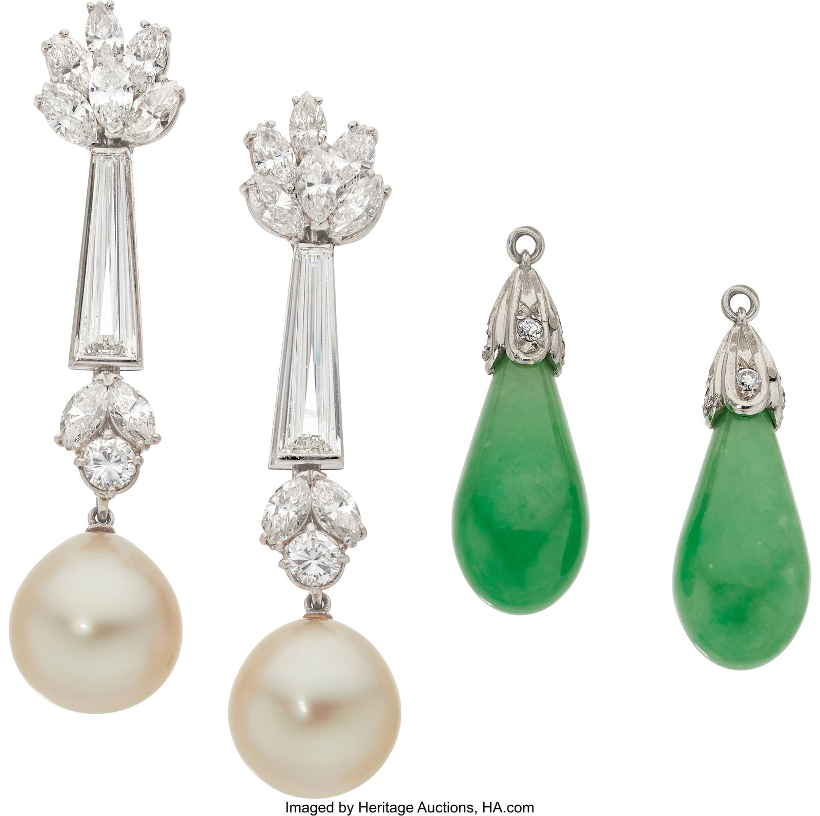 South Sea Cultured Pearl, Burma Jadeite Jade, Di: South Sea Cultured Pearl, Burma Jadeite Jade, Diamond, Platinum, White Gold Convertible Earrings Stones: Tapered baguette-cut diamonds weighing a total of approximately 2