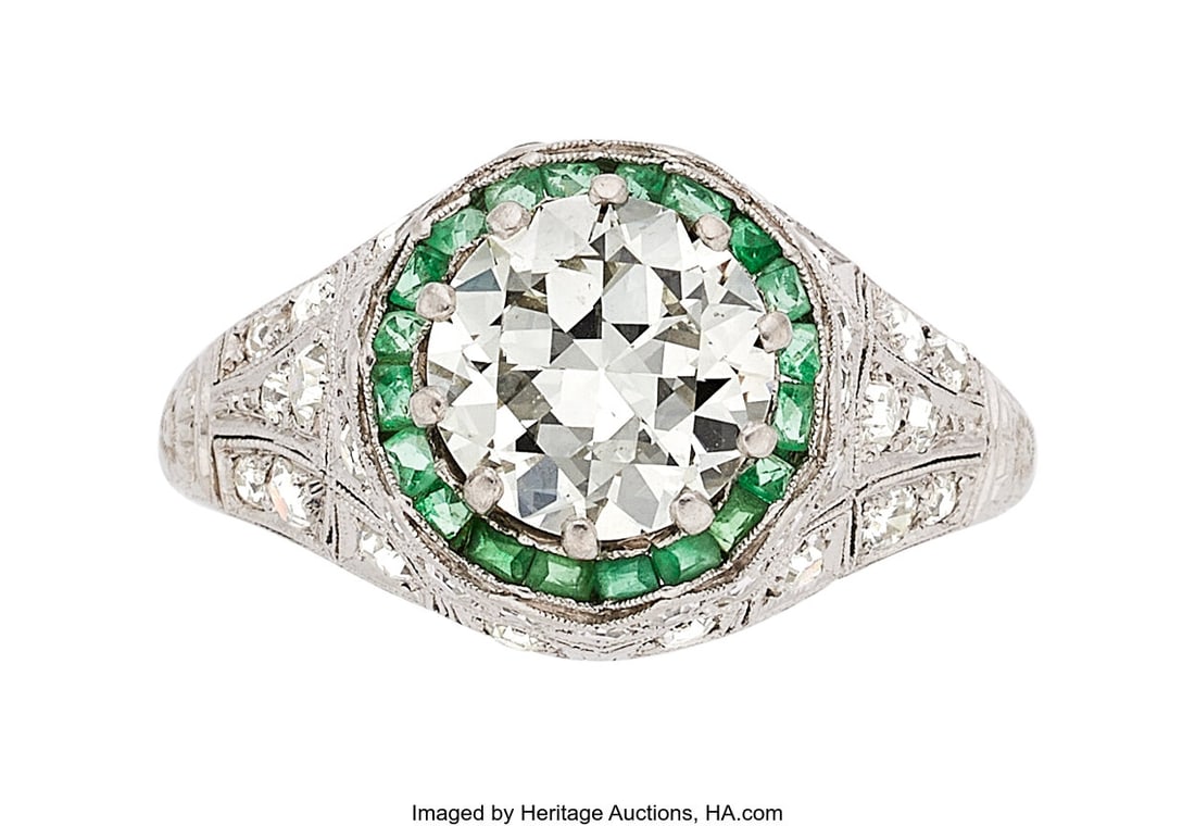 Art Deco Diamond, Emerald, Platinum Ring Stones: Art Deco Diamond, Emerald, Platinum Ring Stones: Round brilliant-cut diamond weighing 2.43 carats; European and single-cut diamonds weighing a total of approximately 0&pe