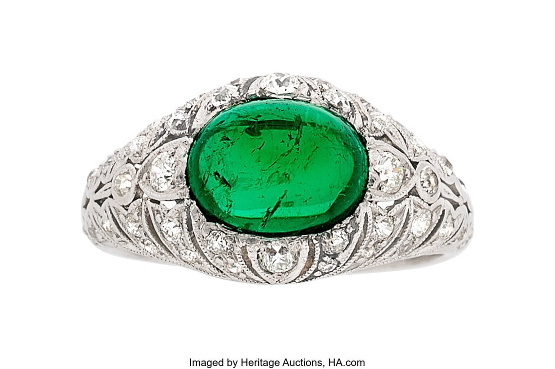 Tiffany & Co. Art Deco Colombian Emerald, Diamo: Tiffany & Co. Art Deco Colombian Emerald, Diamond, Platinum Ring Stones: Emerald cabochon; transitional and European-cut diamonds weighing a total of approximately 0&