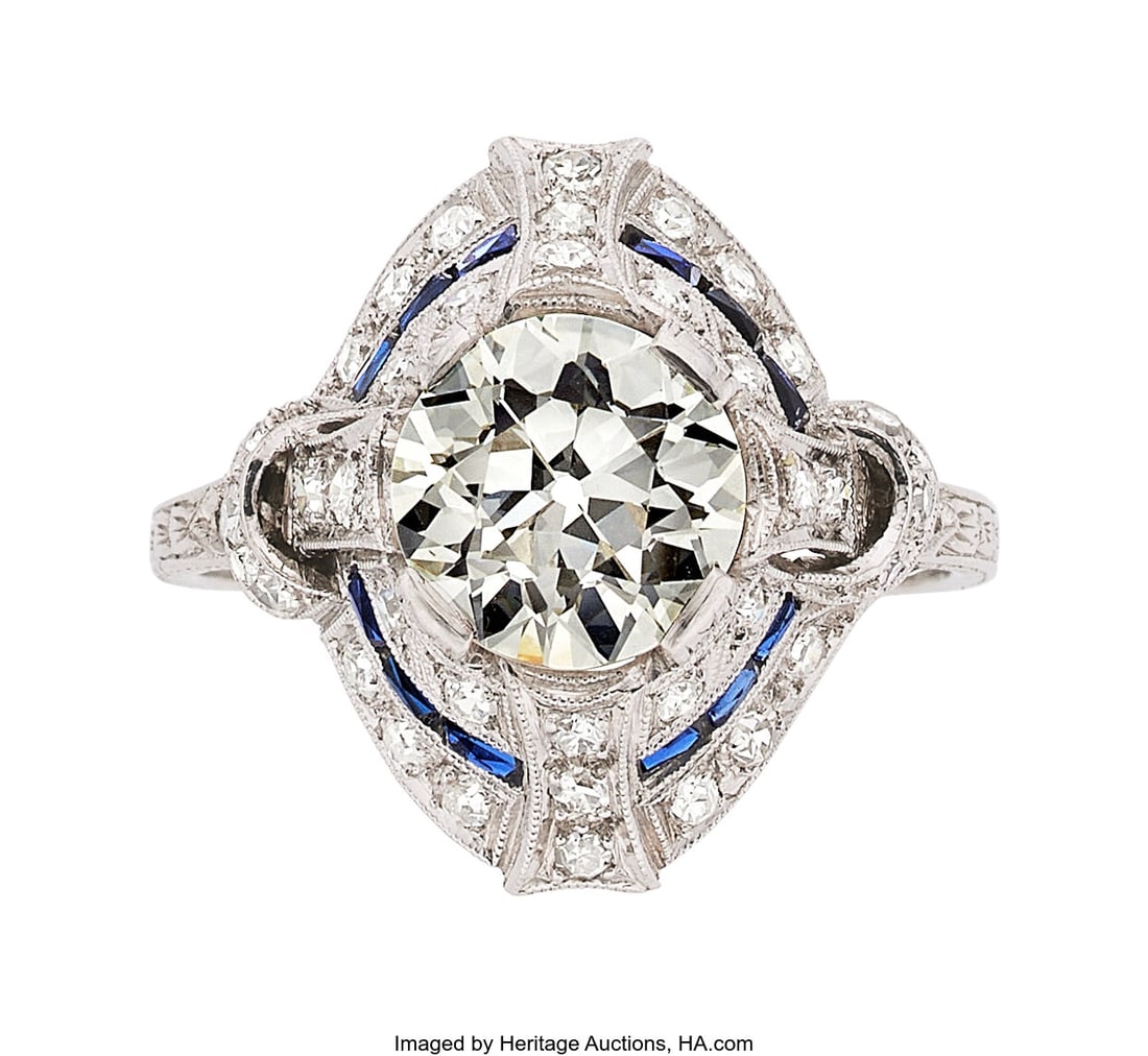 Art Deco Diamond, Synthetic Sapphire, Platinum,: Art Deco Diamond, Synthetic Sapphire, Platinum, Palladium, White Gold Ring Stones: European-cut diamond weighing 3.05 carats; single-cut diamonds weighing a t