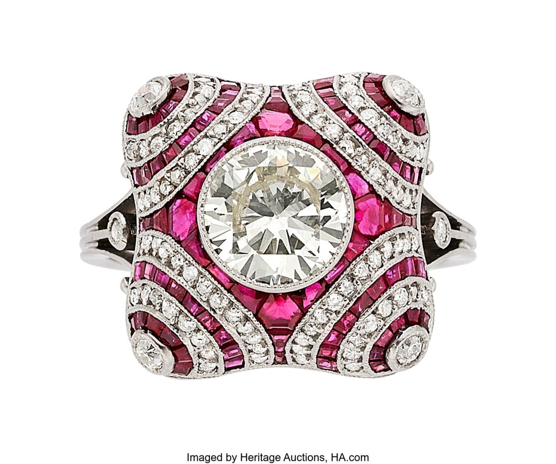 Art Deco Diamond, Ruby, Platinum Ring Stones: R: Art Deco Diamond, Ruby, Platinum Ring Stones: Round brilliant-cut diamond weighing 1.40 carats; European-cut diamonds weighing a total of approximately 0.35 carat&
