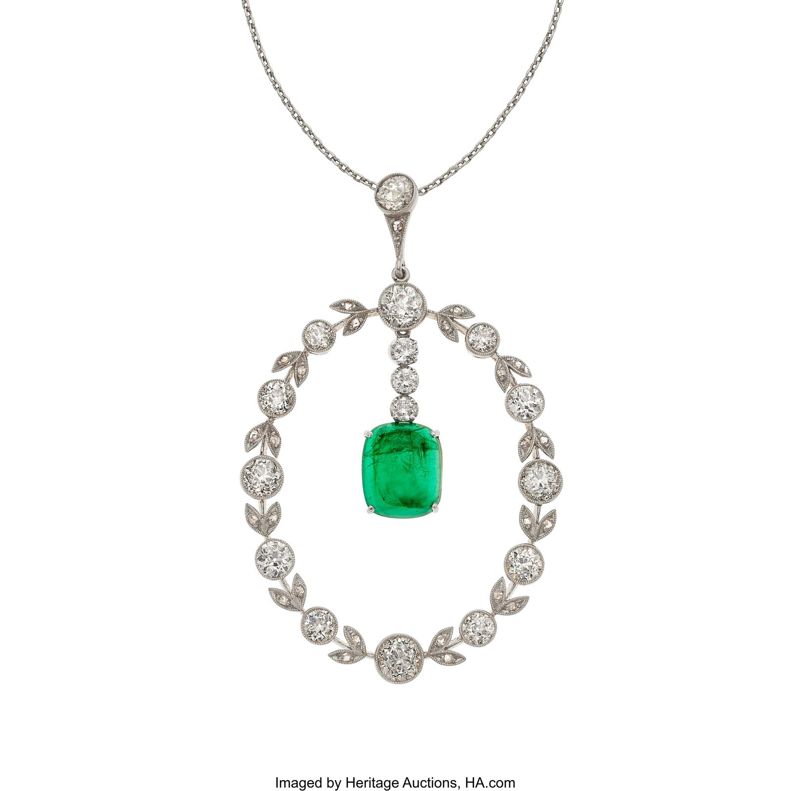 Art Deco Emerald, Diamond, Platinum-Topped Gold: Art Deco Emerald, Diamond, Platinum-Topped Gold Pendant-Brooch Necklace Stones: Emerald cabochon; European-cut diamonds weighing a total of approximately 4.20 carats&semi