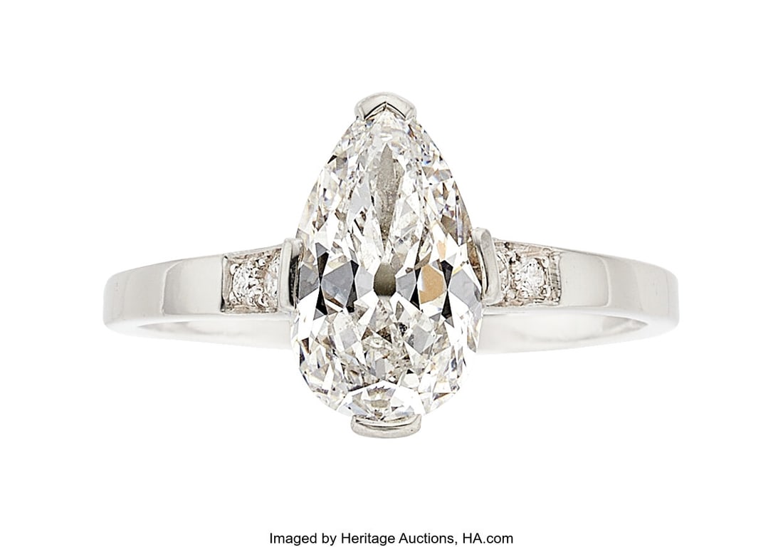 Art Deco Diamond, Platinum Ring Stones: Pear-sh: Art Deco Diamond, Platinum Ring Stones: Pear-shaped diamond weighing 2.73 carats; transitional-cut diamonds Metal: Platinum Gross Weight: 5.40 grams Size&col
