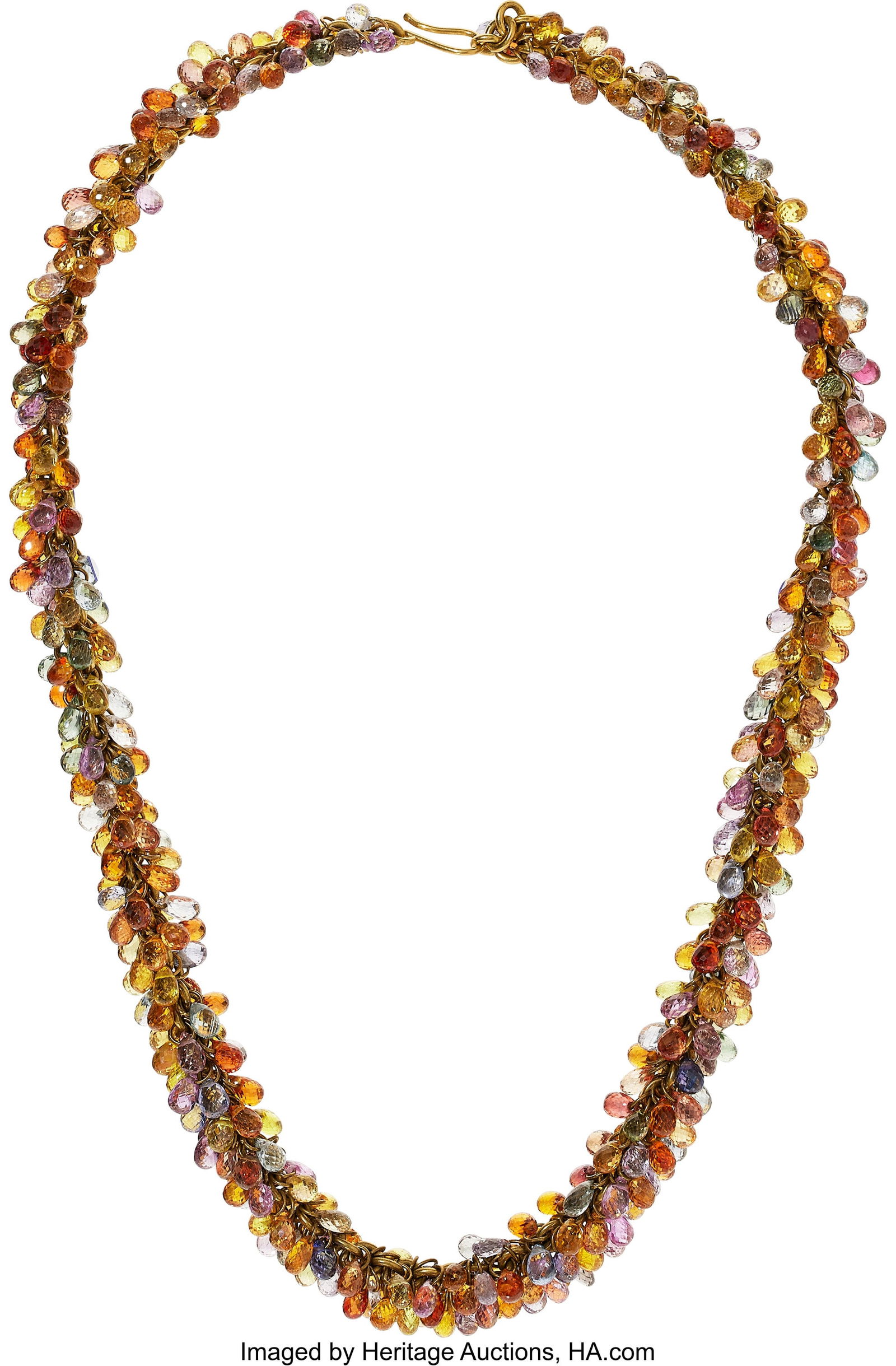 Multi-Color Sapphire, Gold Necklace Stones: Mul: Multi-Color Sapphire, Gold Necklace Stones: Multi-color sapphire briolettes Metal: 18k gold Gross Weight: 101.30 grams Dimensions: 18 inches x 7/16 inch HID031