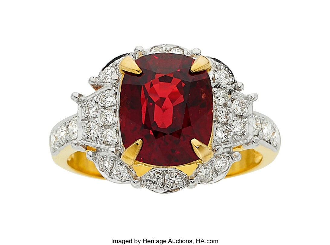 Burma Spinel, Diamond, Gold Ring Stones: Cushio: Burma Spinel, Diamond, Gold Ring Stones: Cushion-shaped spinel weighing 4.02 carats; full-cut diamonds weighing a total of approximately 0.50 carat Metal: 18
