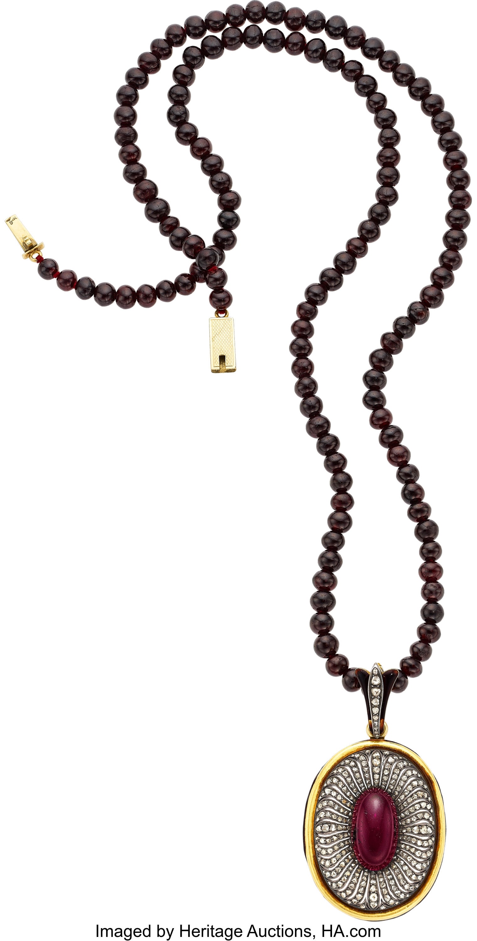 Garnet, Diamond, Enamel, Gold, Silver Pendant-N: Garnet, Diamond, Enamel, Gold, Silver Pendant-Necklace, French Stones: Garnet beads and garnet cabochon; rose-cut diamonds Element: Enamel Metal: 1