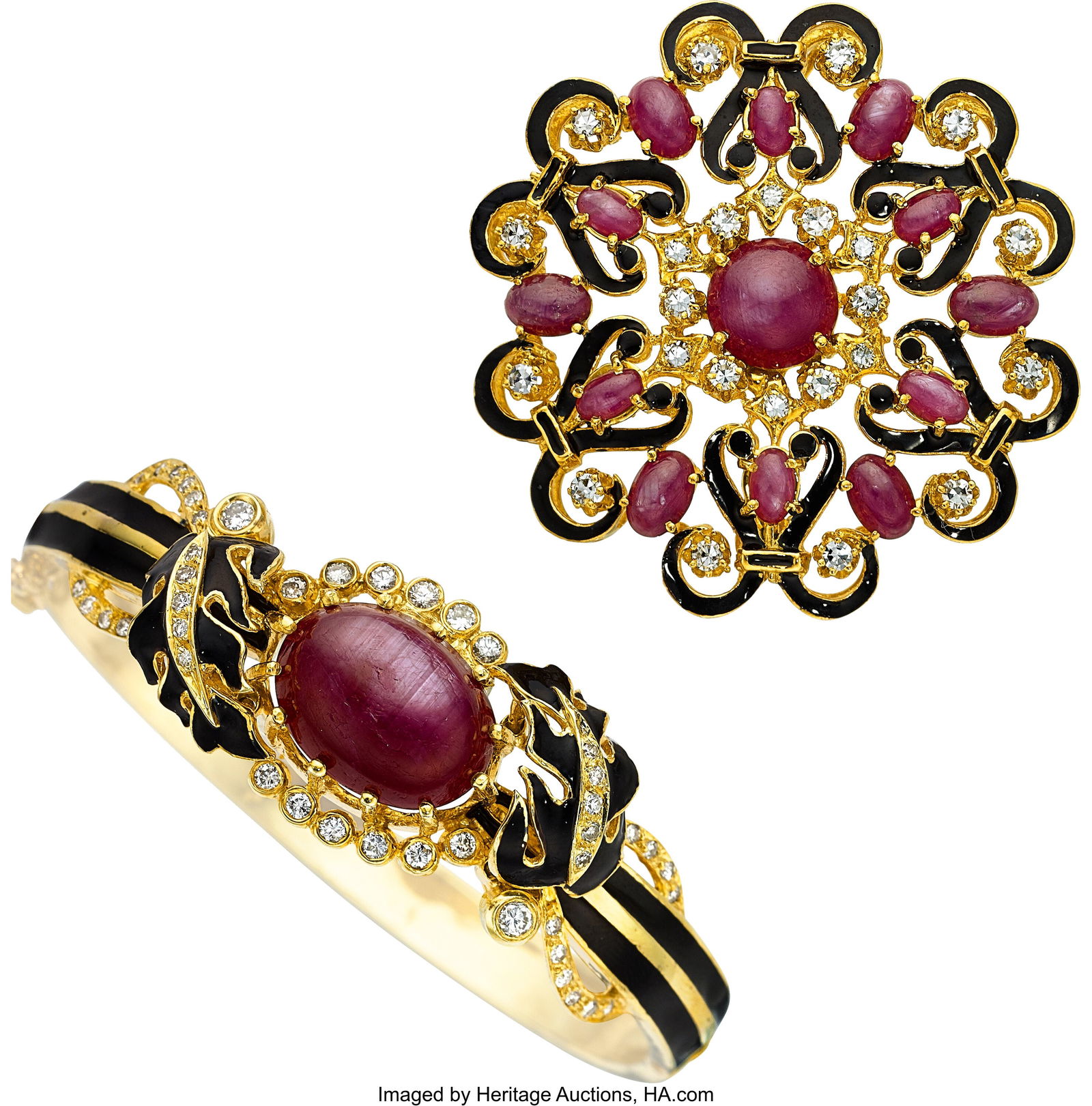 Ruby, Diamond, Enamel, Gold Jewelry Suite Stone: Ruby, Diamond, Enamel, Gold Jewelry Suite Stones: Full and single-cut diamonds weighing a total of approximately 1.30 carats; ruby cabochons Element: Enamel M