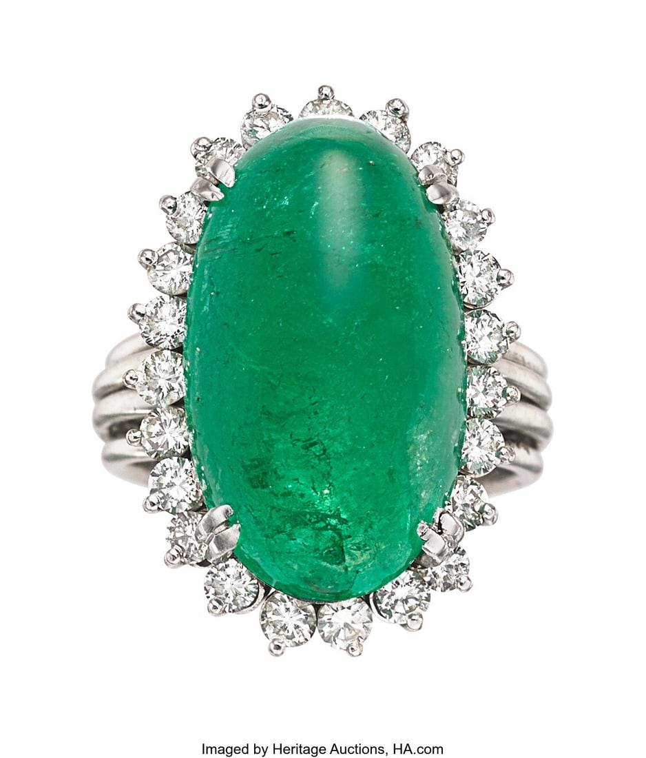 Emerald, Diamond, White Gold Ring Stones: Emera: Emerald, Diamond, White Gold Ring Stones: Emerald cabochon; full-cut diamonds weighing a total of approximately 0.95 carat Metal: 14k white gold Gross Weight: