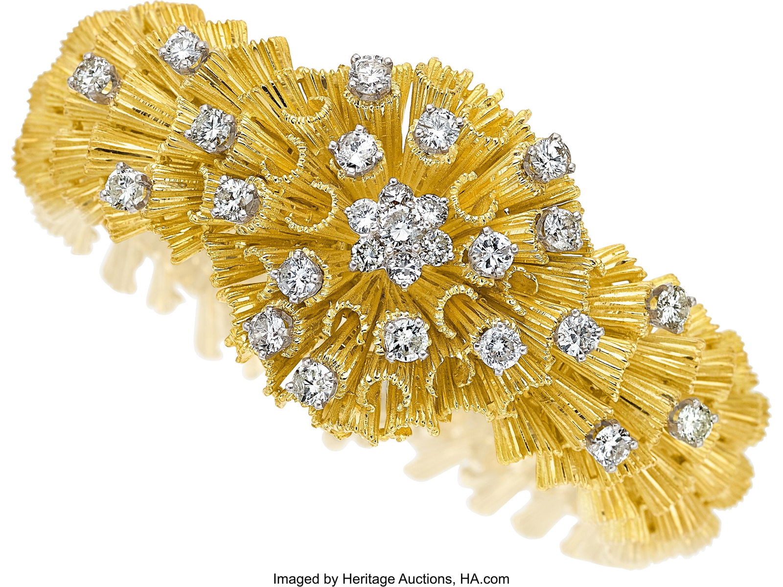 Diamond, Gold Bracelet Stones: Full-cut diamond: Diamond, Gold Bracelet Stones: Full-cut diamonds weighing a total of approximately 4.75 carats Metal: 18k gold Gross Weight: 105.70 grams Dimensions: 6-1&so