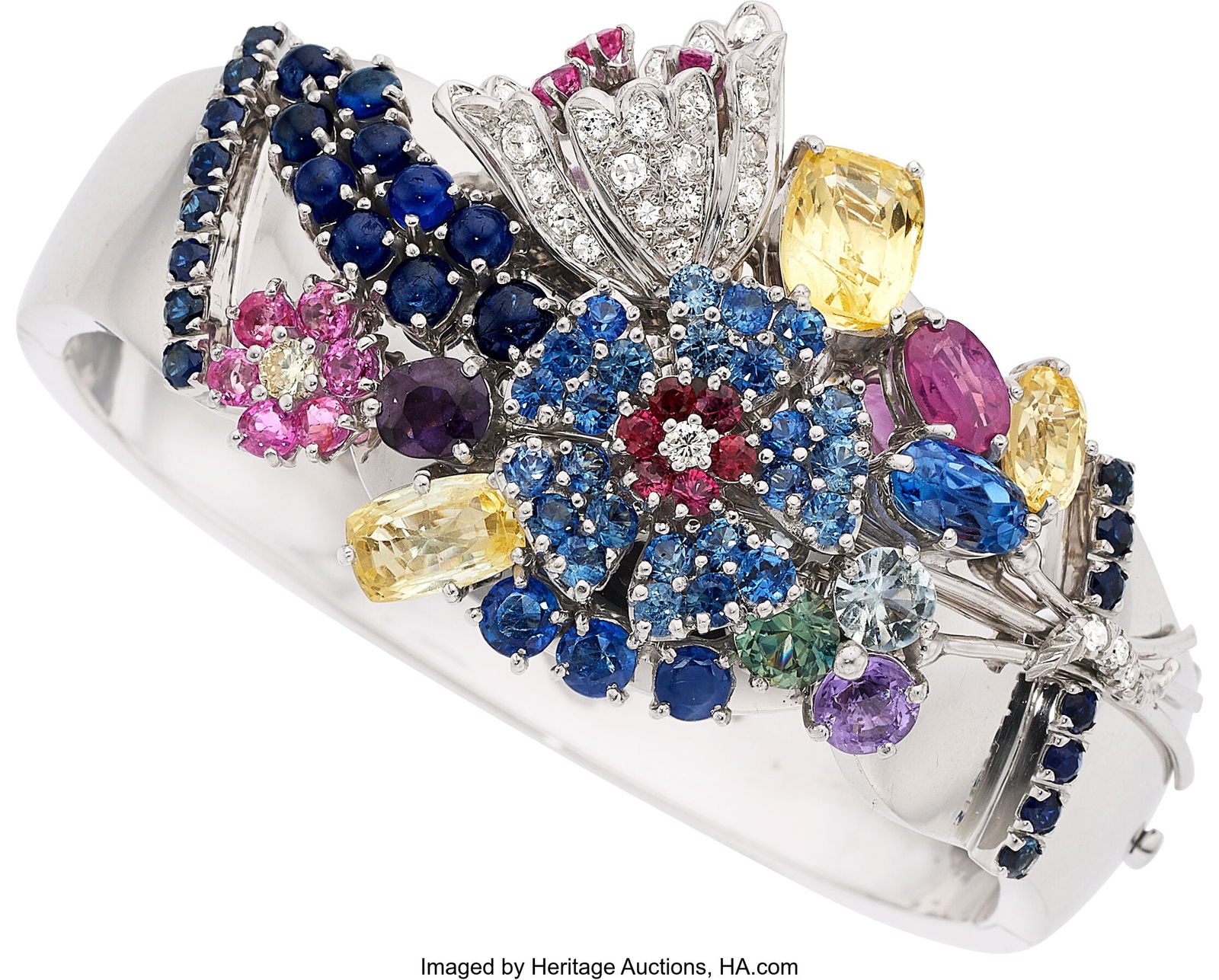 Ceylon Multi-Color Sapphire, Ruby, Diamond, Whi: Ceylon Multi-Color Sapphire, Ruby, Diamond, White Gold Bracelet Stones: Rectangular cushion-shaped yellow sapphire weighing approximately 3.75 carats; rectangular c