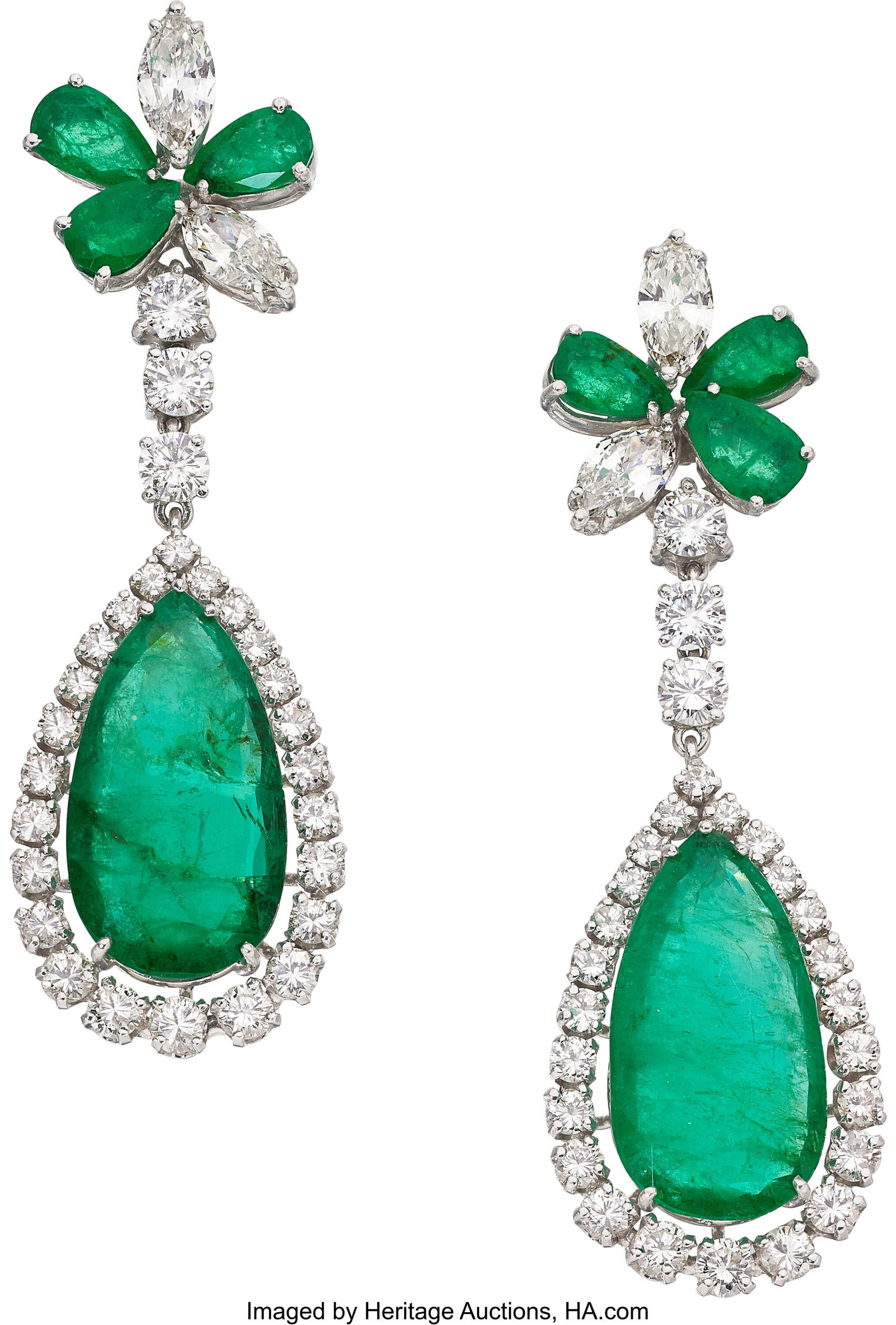 Emerald, Diamond, Platinum Earrings Stones: Pea: Emerald, Diamond, Platinum Earrings Stones: Pear-shaped emeralds weighing a total of approximately 11.15 carats; pear-shaped emeralds weighing a total of approximately 3&