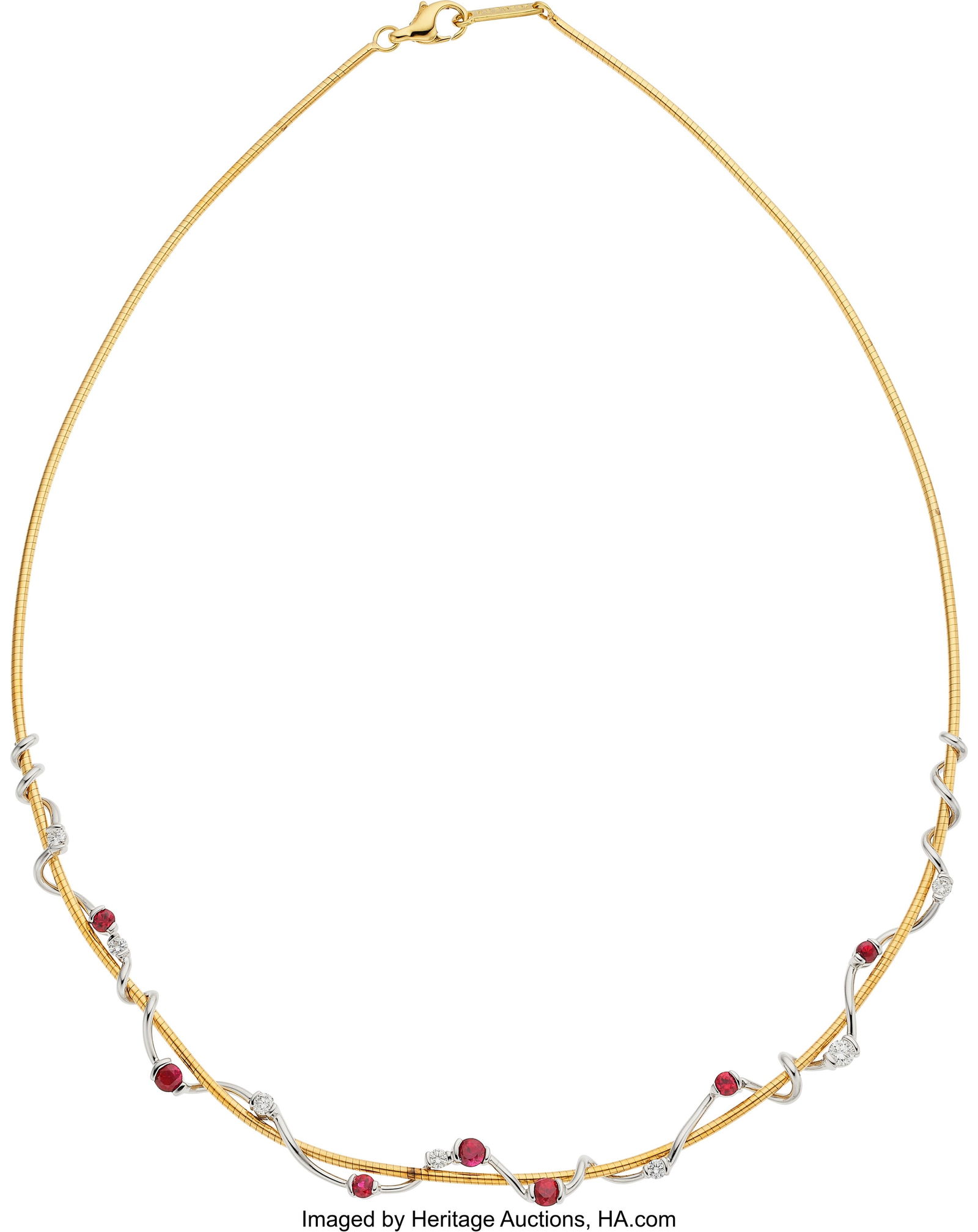 Jose Hess Ruby, Diamond, Gold Necklace Stones: Jose Hess Ruby, Diamond, Gold Necklace Stones: Round-shaped rubies weighing a total of 1.17 carats; full-cut diamonds weighing a total of 0.45 carat Metal: 1