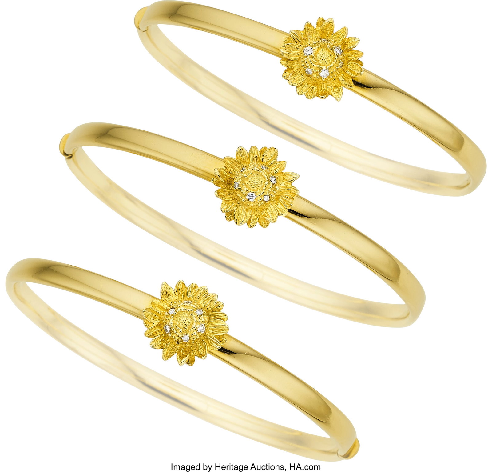 Asprey Diamond, Gold Bracelets Stones: Full-cut: Asprey Diamond, Gold Bracelets Stones: Full-cut diamonds weighing a total of approximately 0.35 carat Metal: 18k gold Marked: Asprey Gross Weight: 29.60