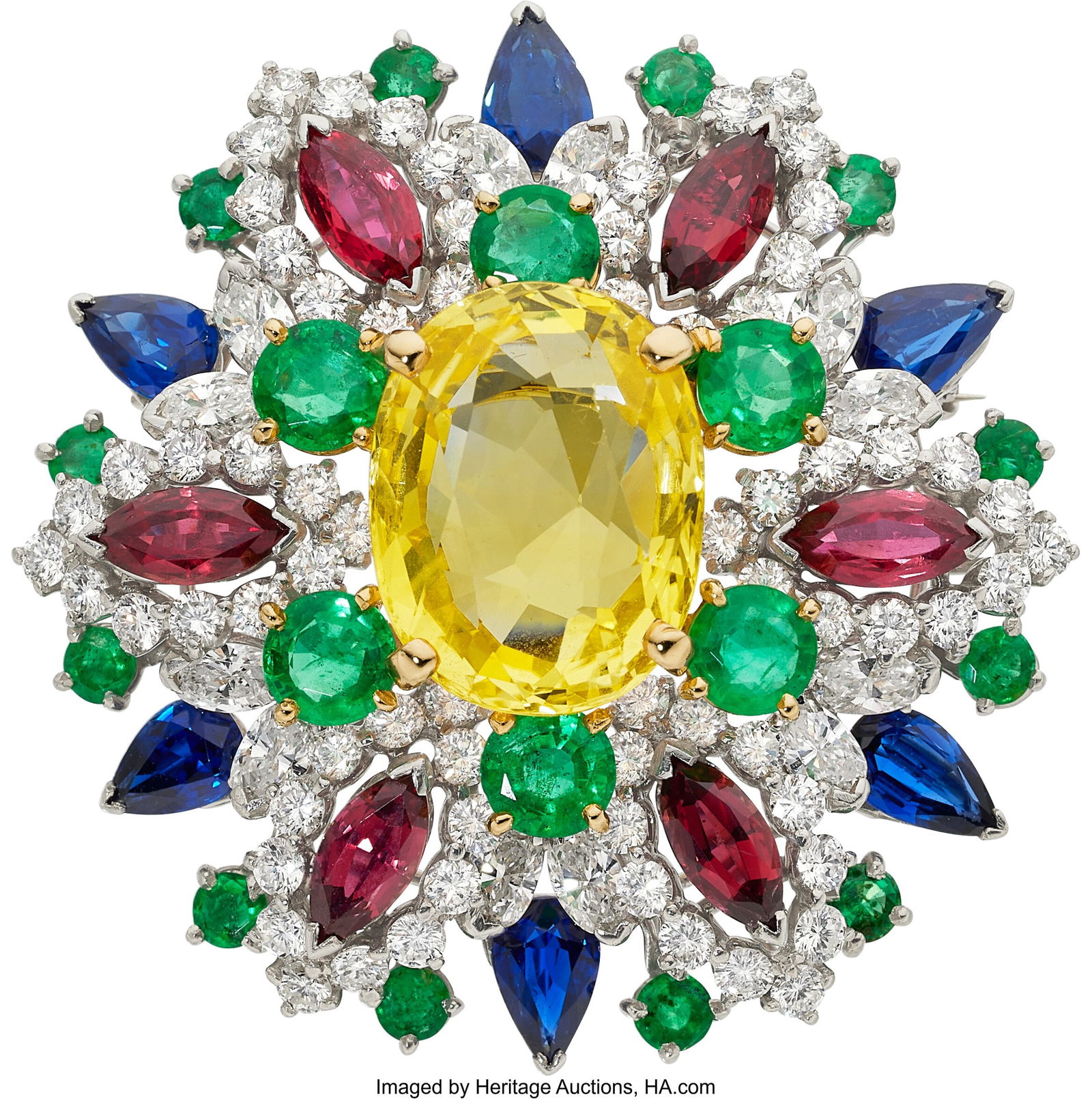 Oscar Heyman Multi-Stone, Diamond, Platinum, Go: Oscar Heyman Multi-Stone, Diamond, Platinum, Gold Pendant-Brooch, circa 1969 Stones: Oval-shaped yellow sapphire weighing 18.34 carats; round-shaped emeralds