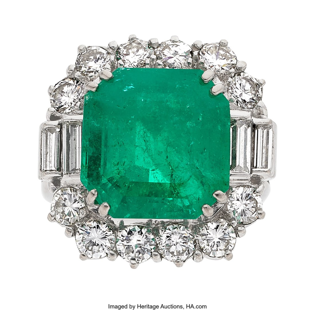 Colombian Emerald, Diamond, White Metal Ring St: Colombian Emerald, Diamond, White Metal Ring Stones: Emerald-cut emerald weighing 8.52 carats; baguette and full-cut diamonds weighing a total of approximately 2.0