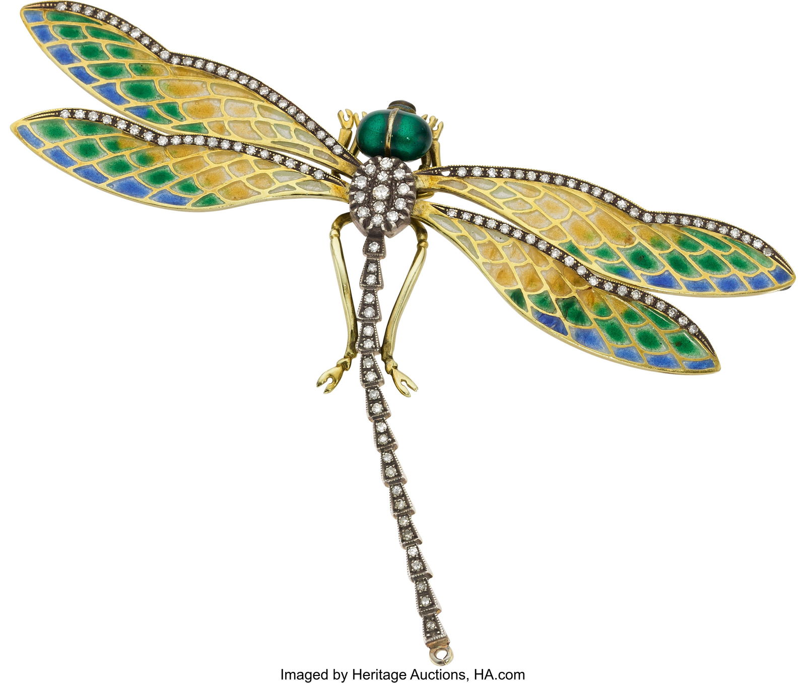 Diamond, Enamel, Silver-Topped Gold Brooch Sto: Diamond, Enamel, Silver-Topped Gold Brooch Stones: Single-cut diamonds weighing a total of approximately 1.10 carats; mine-cut diamond Element: Plique-à-jour