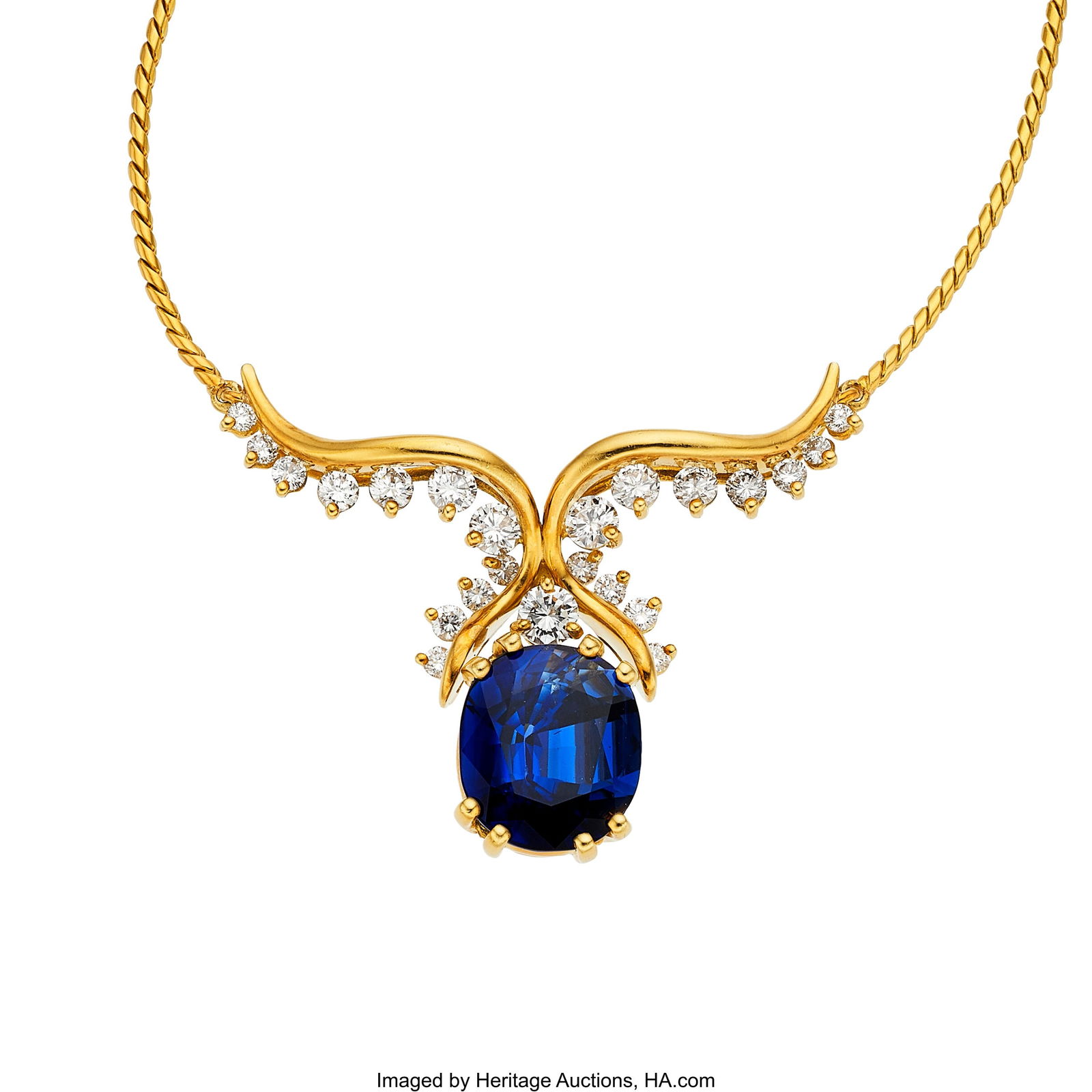 Ceylon Sapphire, Diamond, Gold Necklace Stones: Ceylon Sapphire, Diamond, Gold Necklace Stones: Cushion-shaped sapphire weighing 8.02 carats; full-cut diamonds weighing a total of 1.17 carats Metal: 18k go