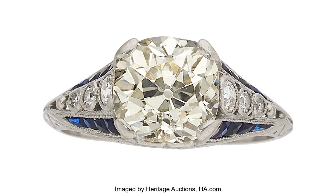 Wheeler & Co. Art Deco Diamond, Synthetic Sapph: Wheeler & Co. Art Deco Diamond, Synthetic Sapphire, Platinum Ring Stones: Mine-cut diamond weighing 2.66 carats; transitional and single-cut diamonds weighing