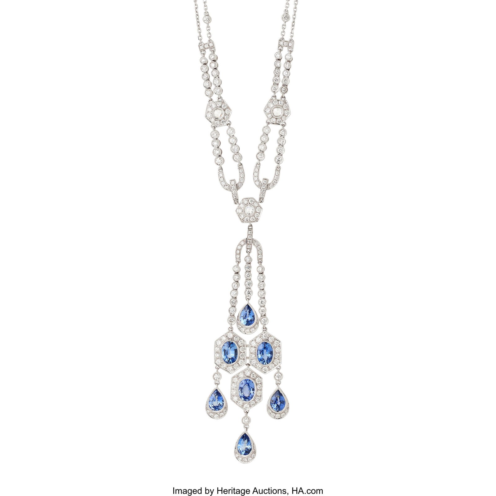 Sapphire, Diamond, White Gold Necklace Stones: Sapphire, Diamond, White Gold Necklace Stones: Oval-shaped sapphires weighing a total of approximately 2.75 carats; pear-shaped sapphires weighing a total of approximatel