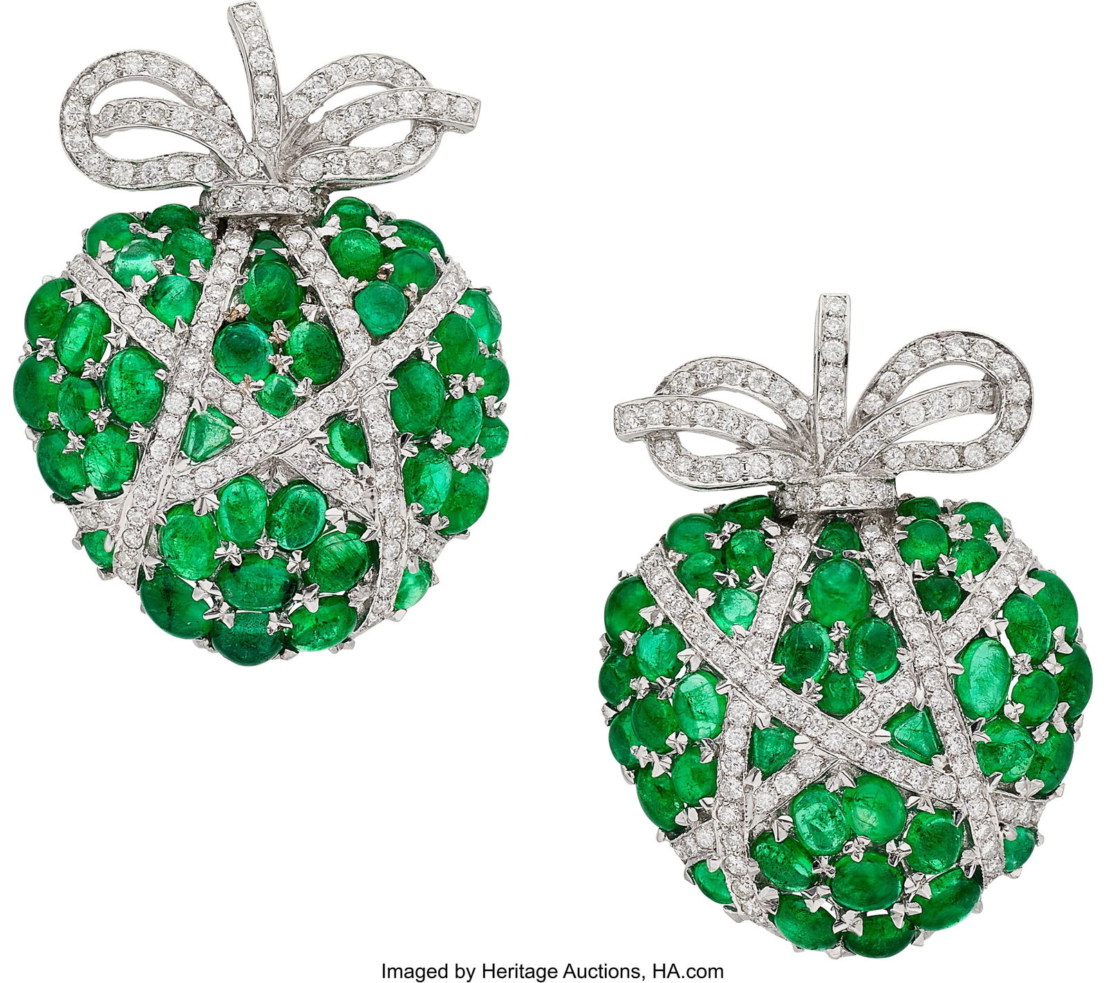 Emerald, Diamond, White Gold Earrings Stones: E: Emerald, Diamond, White Gold Earrings Stones: Emerald cabochons; full-cut diamonds weighing a total of approximately 2.50 carats Metal: 14k white gold Gross Weight&