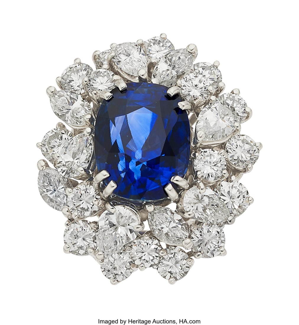 Kashmir Sapphire, Diamond, Platinum, Palladium: Kashmir Sapphire, Diamond, Platinum, Palladium Ring Stones: Cushion-shaped sapphire weighing 10.01 carats; pear-shaped diamonds weighing a total of approximately 1&