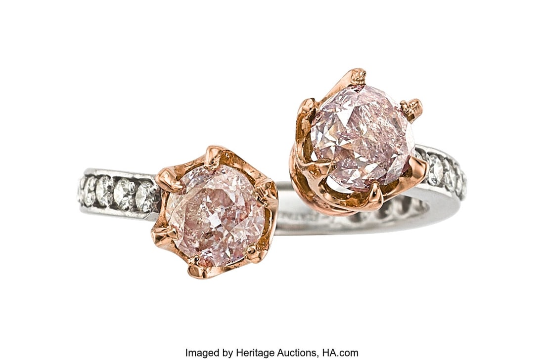 Colored Diamond, Diamond, Platinum, Gold Ring S: Colored Diamond, Diamond, Platinum, Gold Ring Stones: Round brilliant-cut fancy light pink colored diamond weighing 0.78 carat; round brilliant-cut fancy brownish p