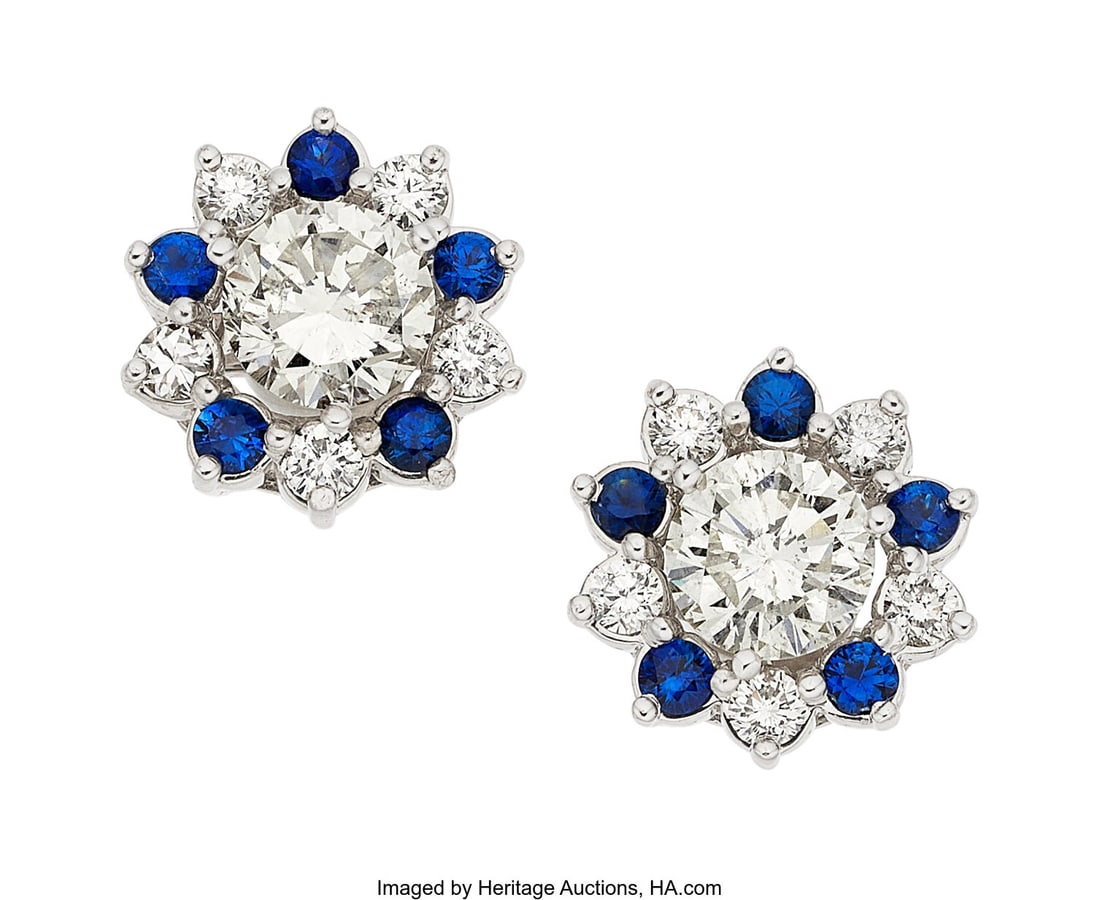 Diamond, Sapphire, White Gold Convertible Earrin: Diamond, Sapphire, White Gold Convertible Earrings Stones: Round brilliant-cut diamonds weighing a total of approximately 2.35 carats; full-cut diamonds weighing a total