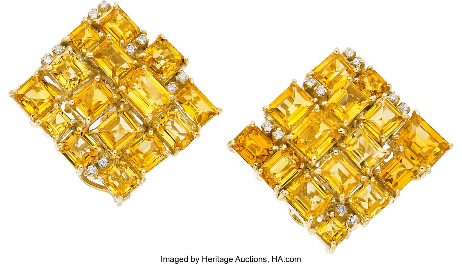 Yellow Sapphire, Diamond, Gold Earrings Stones: Yellow Sapphire, Diamond, Gold Earrings Stones: Emerald-cut and square-shaped yellow sapphires weighing a total of approximately 14.50 carats; full-cut diamonds weighing