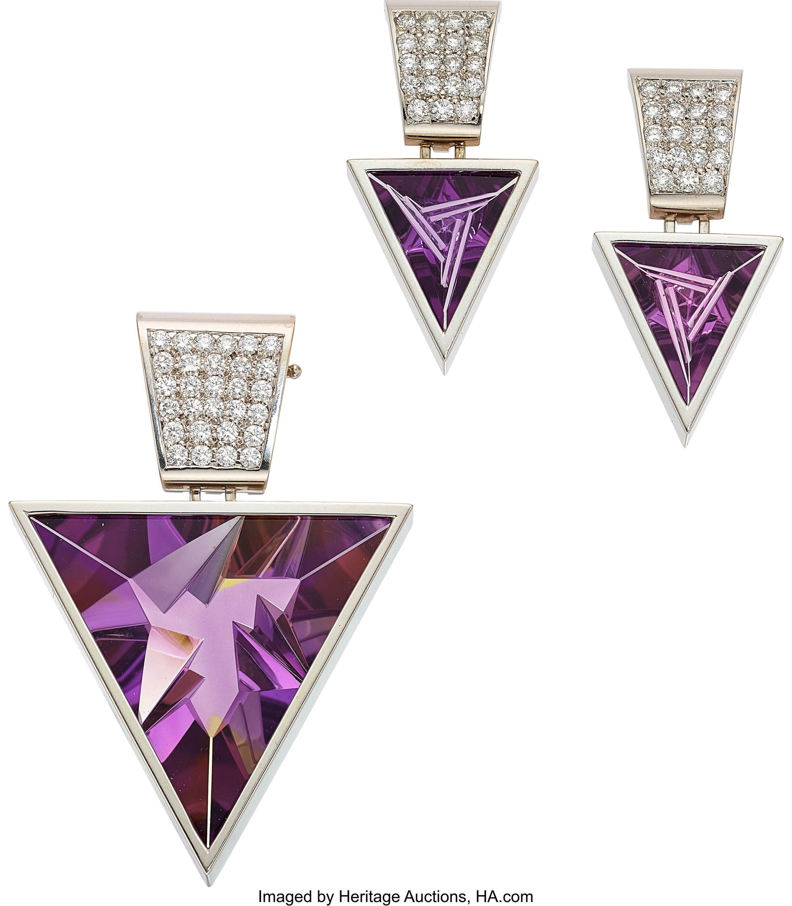 Barbara Westwood Ametrine, Amethyst, Diamond, W: Barbara Westwood Ametrine, Amethyst, Diamond, White Gold Convertible Jewelry Suite Stones: Triangular fantasy-cut amethyst and ametrine; full-cut diamonds weighing a total