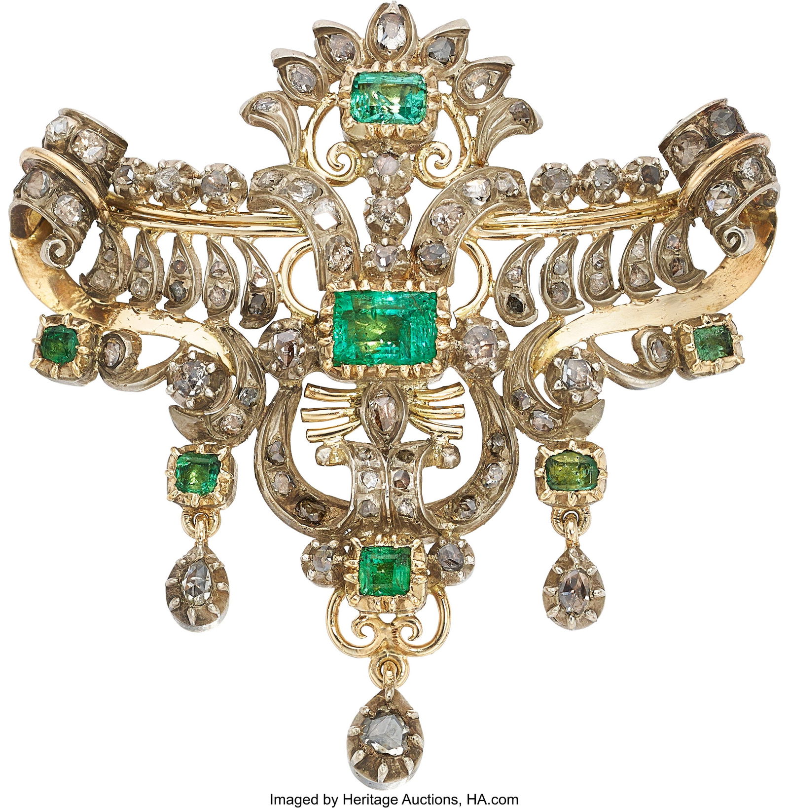 Antique Green Beryl, Diamond, Silver-Topped Gol: Antique Green Beryl, Diamond, Silver-Topped Gold Brooch Stones: Foil backed rectangular and square-shaped green beryls; foiled backed and rose-cut diamonds Metal: Silver-t