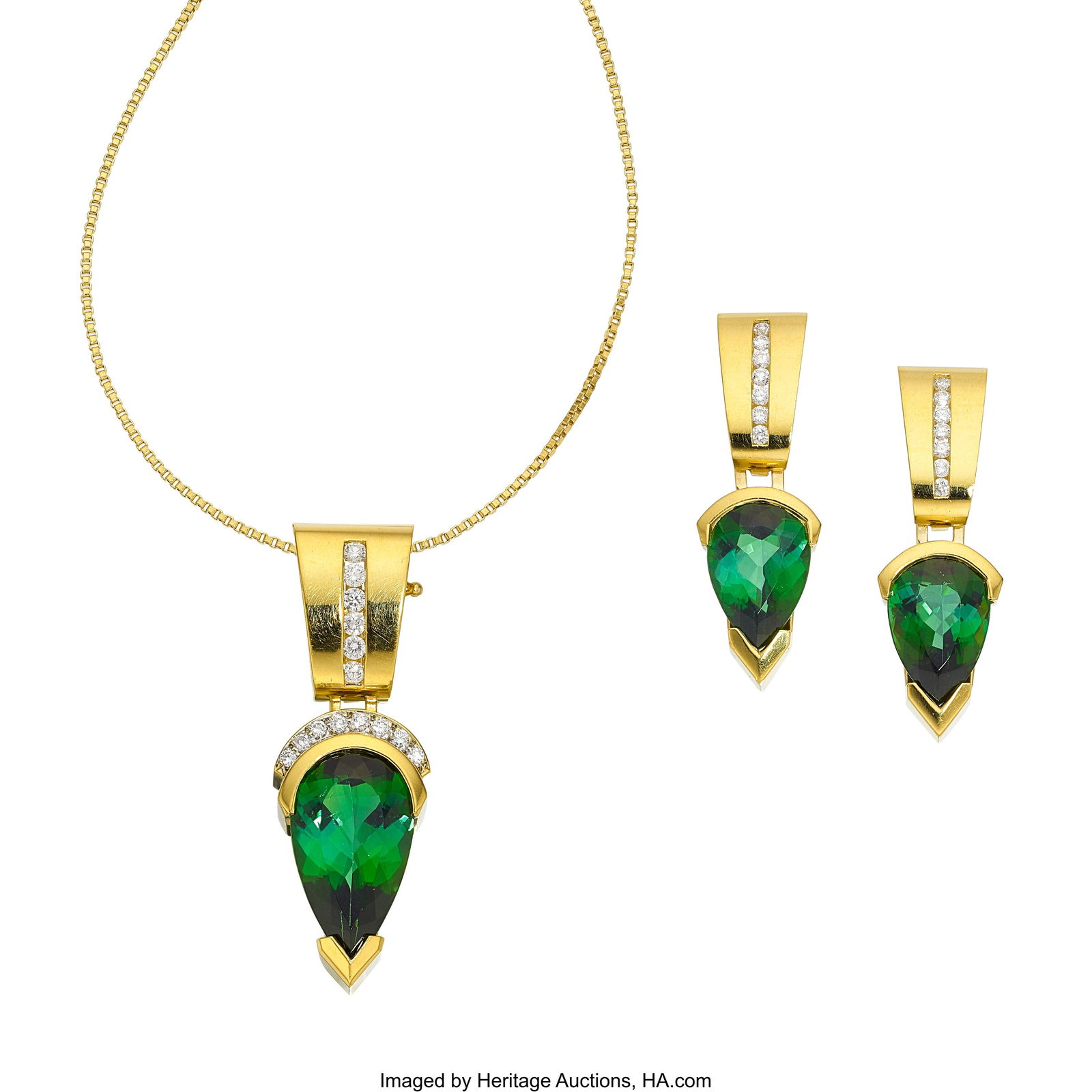 Barbara Westwood Tourmaline, Diamond, Gold Conv: Barbara Westwood Tourmaline, Diamond, Gold Convertible Jewelry Suite Stones: Pear-shaped tourmalines weighing a total of approximately 15.50 carats; full-cut diamonds wei