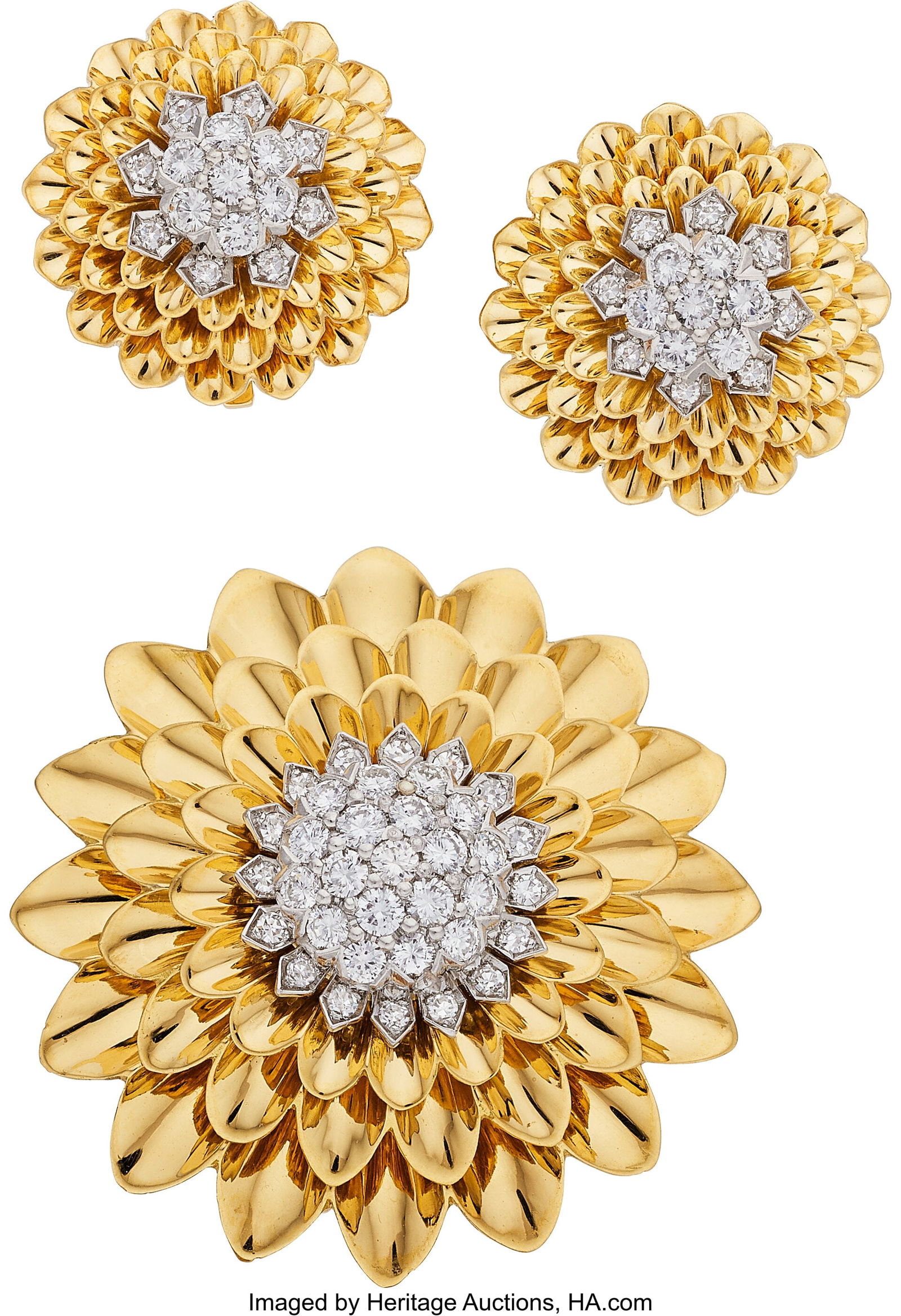 George Schuler Diamond, Platinum, Gold Jewelry: George Schuler Diamond, Platinum, Gold Jewelry Suite Stones: Full and single-cut diamonds weighing a total of approximately 1.80 carats Metal: Platinum and 18k yellow go