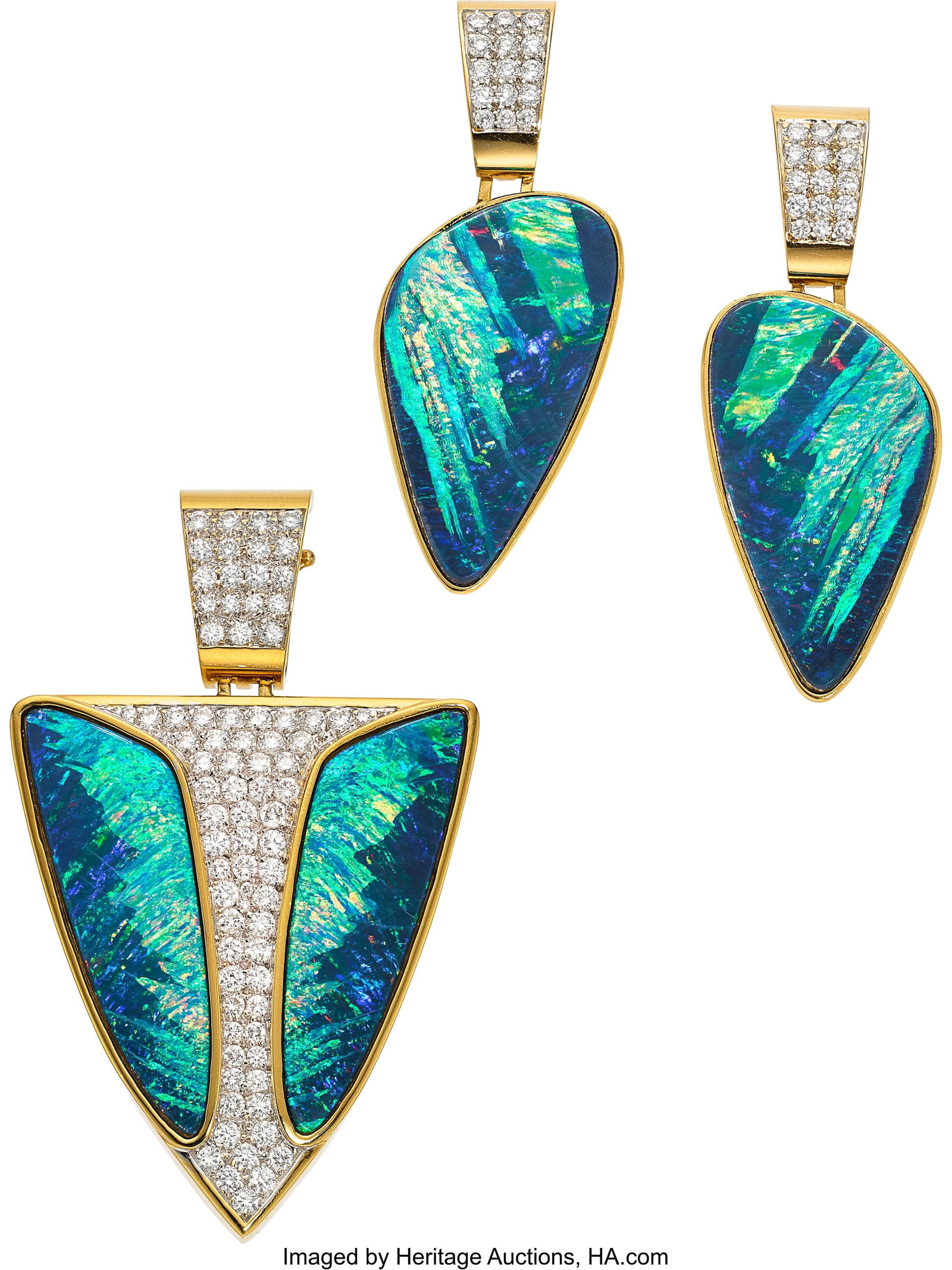 Barbara Westwood Boulder Opal, Diamond, Gold Je: Barbara Westwood Boulder Opal, Diamond, Gold Jewelry Suite Stones: Boulder opal cabochons; full-cut diamonds weighing a total of approximately 3.25 carats Metal: 18