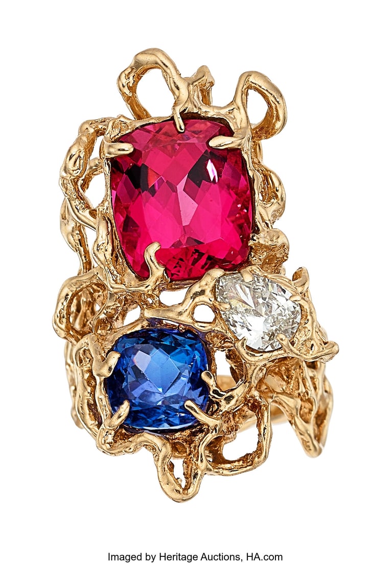 Tourmaline, Diamond, Tanzanite, Rose Gold Ring: Tourmaline, Diamond, Tanzanite, Rose Gold Ring Stones: Cushion-shaped tourmaline weighing approximately 7.45 carats; cushion-shaped tanzanite weighing approximately