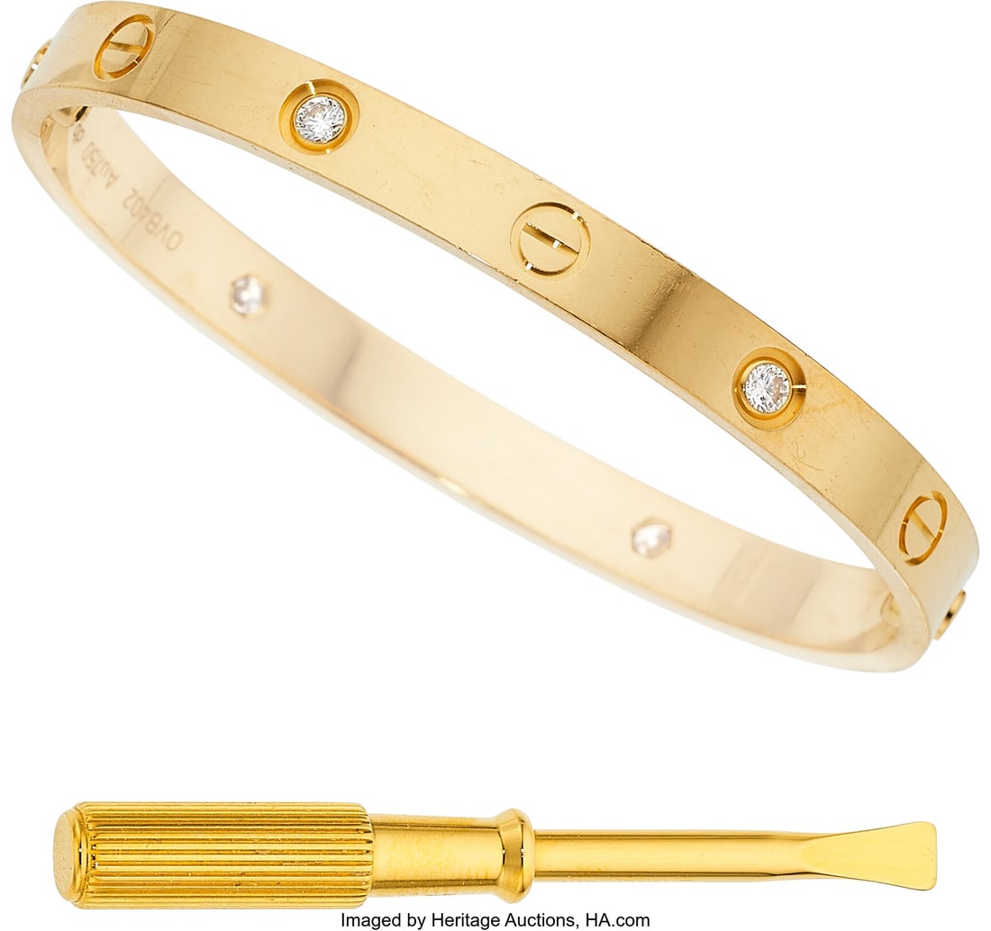 Cartier Diamond, Gold Bracelet Stones: Full-cut: Cartier Diamond, Gold Bracelet Stones: Full-cut diamonds weighing a total of approximately 0.45 carat Metal: 18k gold Marked: Cartier Collection: LOVE Gross Weight