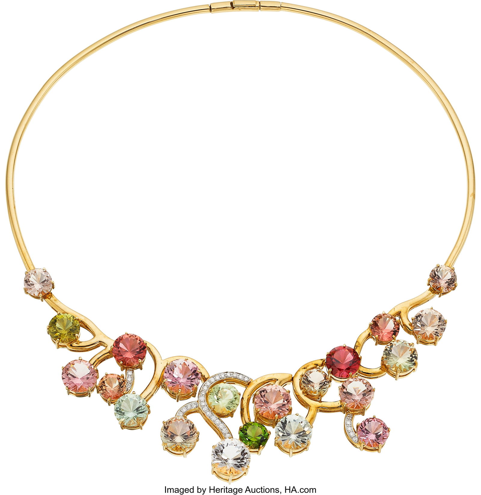 Multi-Stone, Diamond, Gold Necklace Stones: Rou: Multi-Stone, Diamond, Gold Necklace Stones: Round-shaped multi-colored tourmalines weighing a total of approximately 64.00 carats; round-shaped multi-colored beryls weigh
