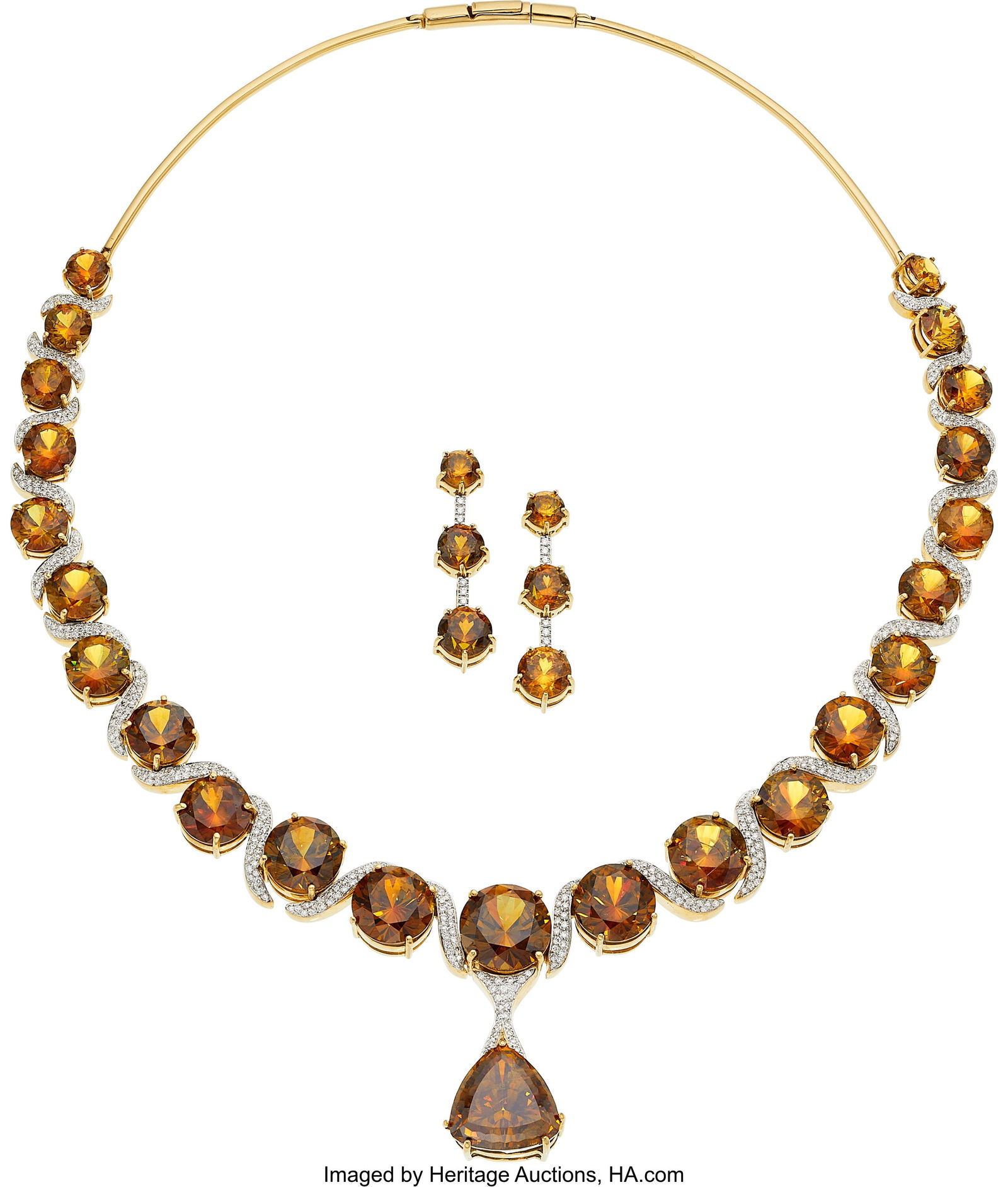 Sphene, Diamond, Gold Jewelry Suite Stones: Tri: Sphene, Diamond, Gold Jewelry Suite Stones: Triangular and round-shaped sphenes weighing a total of approximately 75.00 carats; full-cut diamonds weighing a total of appr