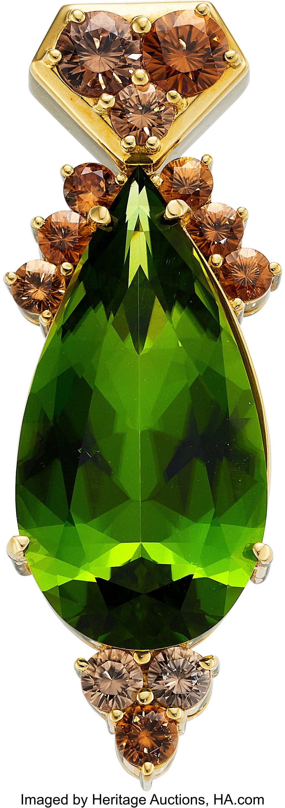Peridot, Zircon, Gold Pendant Stones: Pear-shap: Peridot, Zircon, Gold Pendant Stones: Pear-shaped peridot weighing approximately 26.00 carats; round-shaped zircons weighing a total of approximately 4.50 carats M