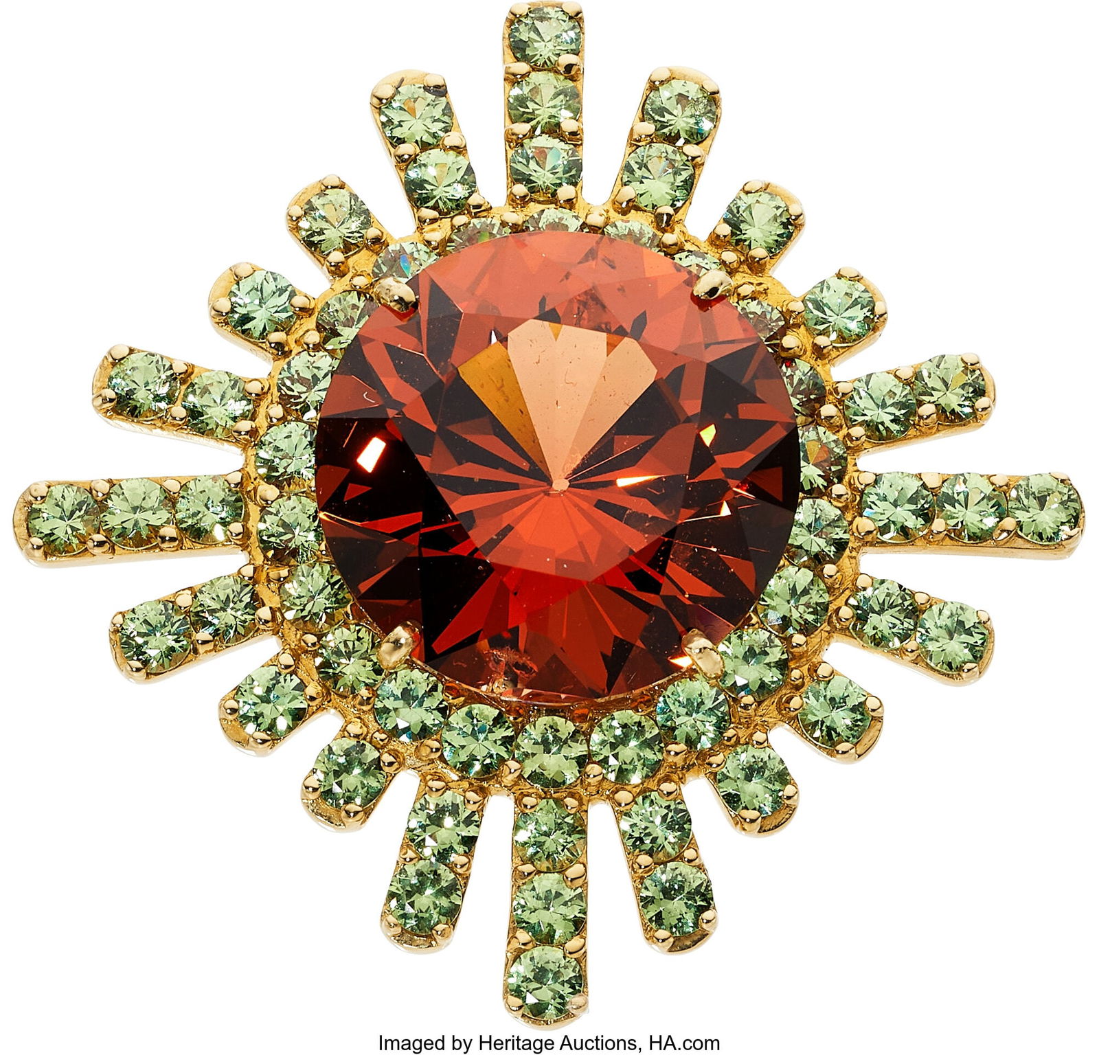 Buzz Gray and Bernadine Johnston Garnet, Gold Pe: Buzz Gray and Bernadine Johnston Garnet, Gold Pendant Stones: Round-shaped garnet weighing approximately 21.00 carats; round-shaped grossular garnets weighing a total of approx