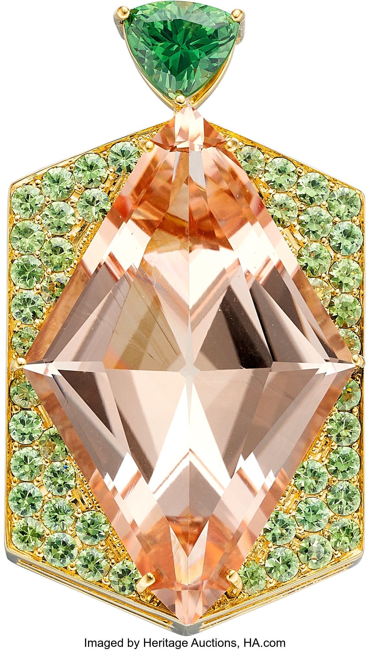 Morganite, Demantoid Garnet, Grossular Garnet,: Morganite, Demantoid Garnet, Grossular Garnet, Gold Pendant Stones: Lozenge-shaped morganite weighing approximately 45.00 carats; triangular-shaped demantoid garnet