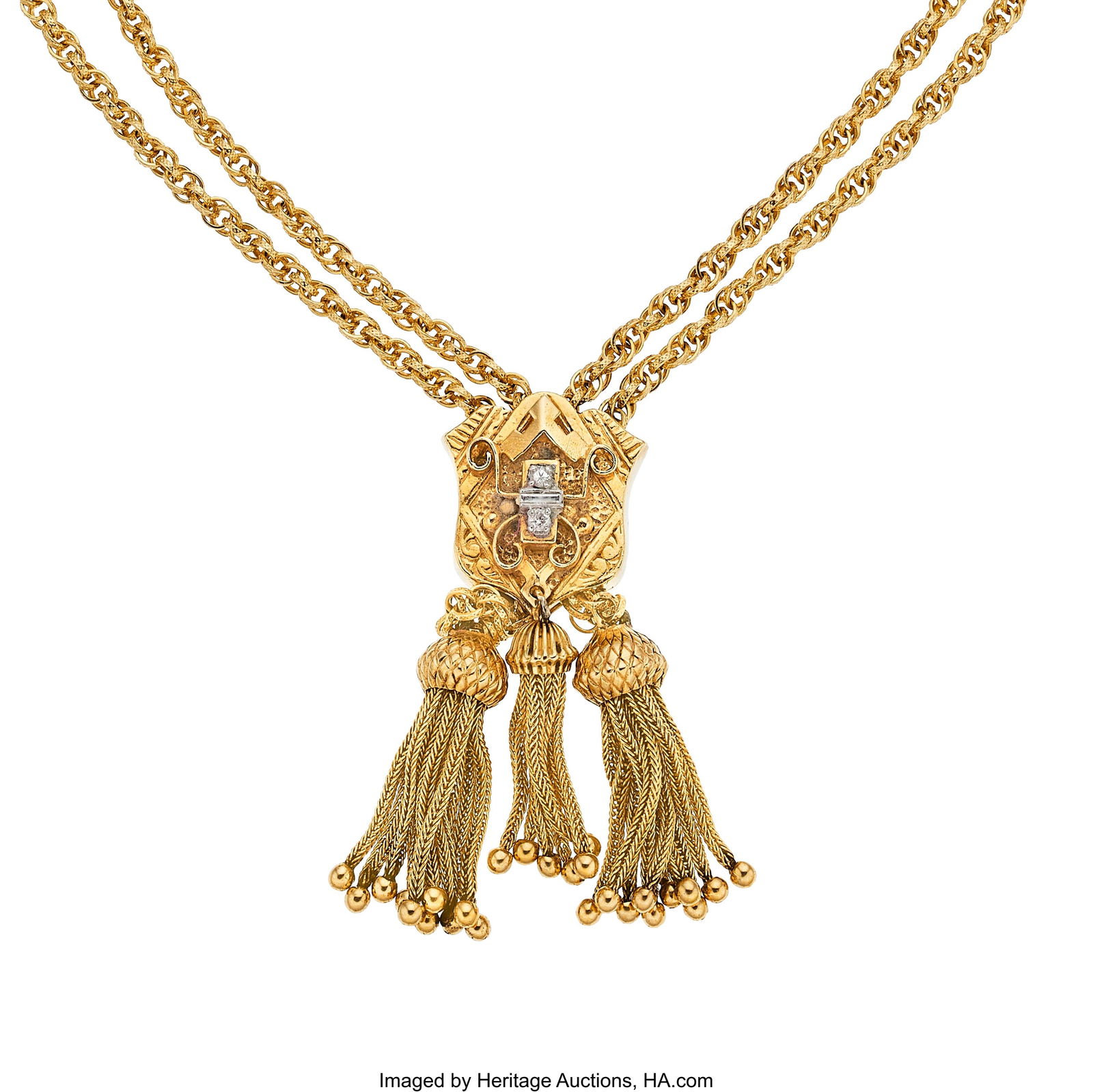 Diamond, Gold Necklace Stones: Full and baguett: Diamond, Gold Necklace Stones: Full and baguette-cut diamonds Metal: 14k gold Gross Weight: 56.00 grams Dimensions: 26 inches x 1-13/16 inches (adjustable