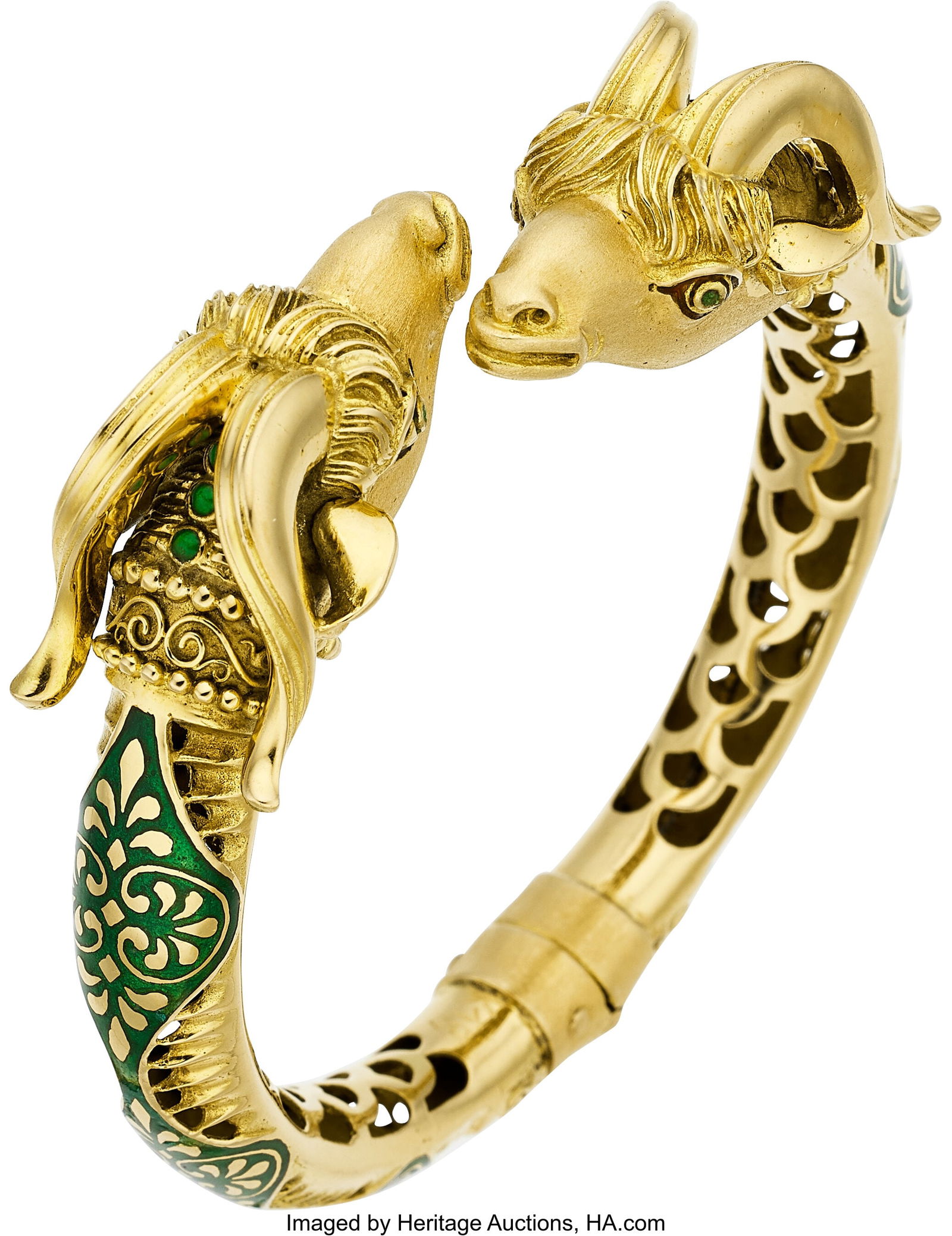 Enamel, Glass, Gold Bracelet Element: Enamel a: Enamel, Glass, Gold Bracelet Element: Enamel and glass cabochons Metal: 18k gold Gross Weight: 62.10 grams Dimensions: 7 inches x 1-1/16 inches Property