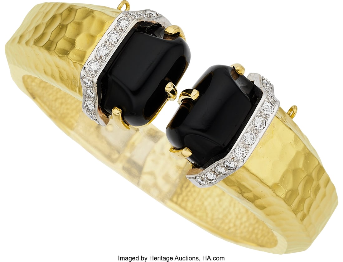 R. Stone Diamond, Black Onyx, Gold Bracelet St: R. Stone Diamond, Black Onyx, Gold Bracelet Stones: Full-cut diamonds weighing a total of approximately 0.75 carat; carved black onyx Metal: 18k gold Marked&