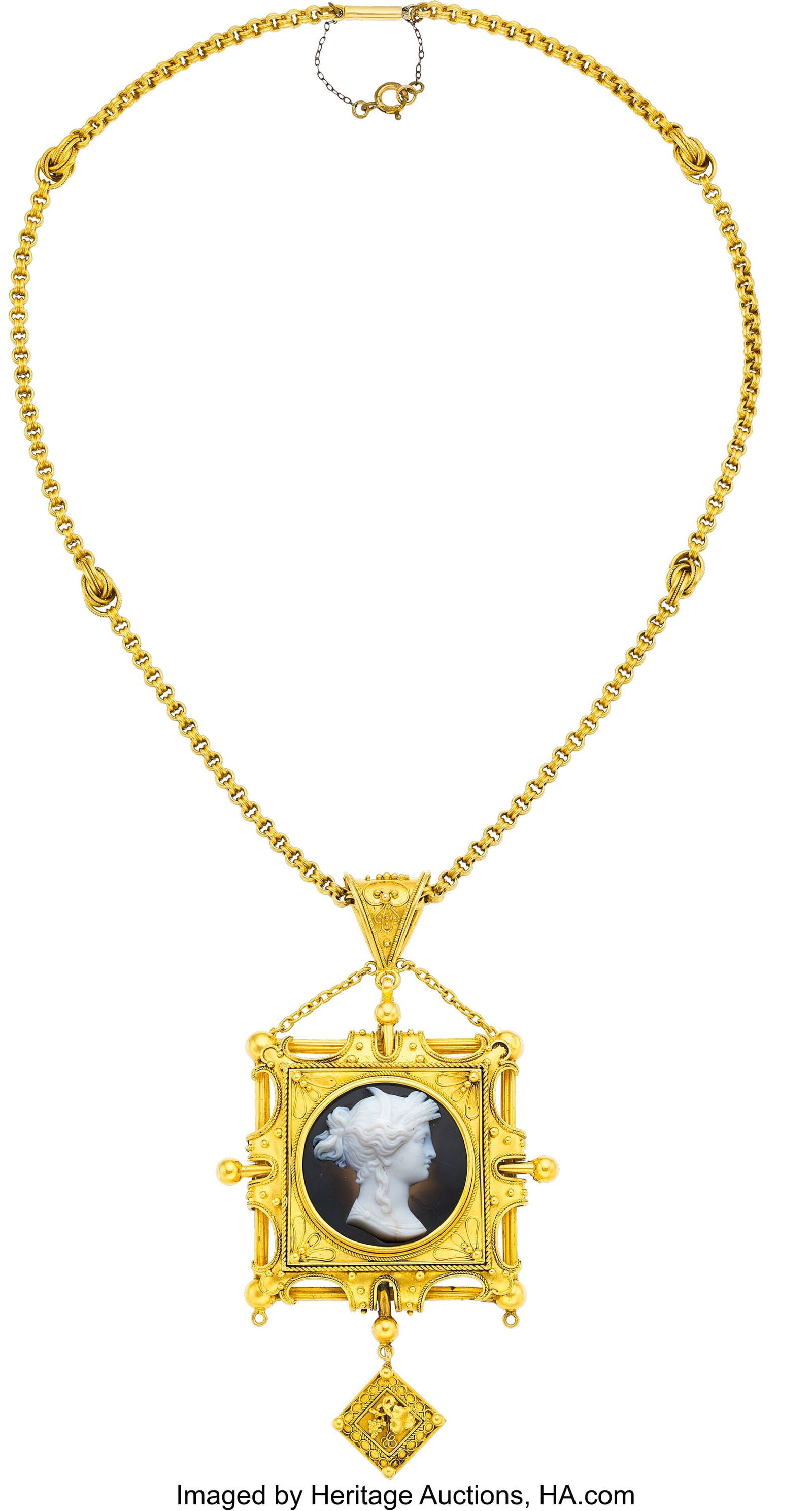 Etruscan Revival Black Onyx, Gold Pendant-Brooc: Etruscan Revival Black Onyx, Gold Pendant-Brooch Necklace Stones: Carved black onyx cameo Metal: 14k gold Gross Weight: 38.70 grams Pendant-Brooch Dimensions: 4 in