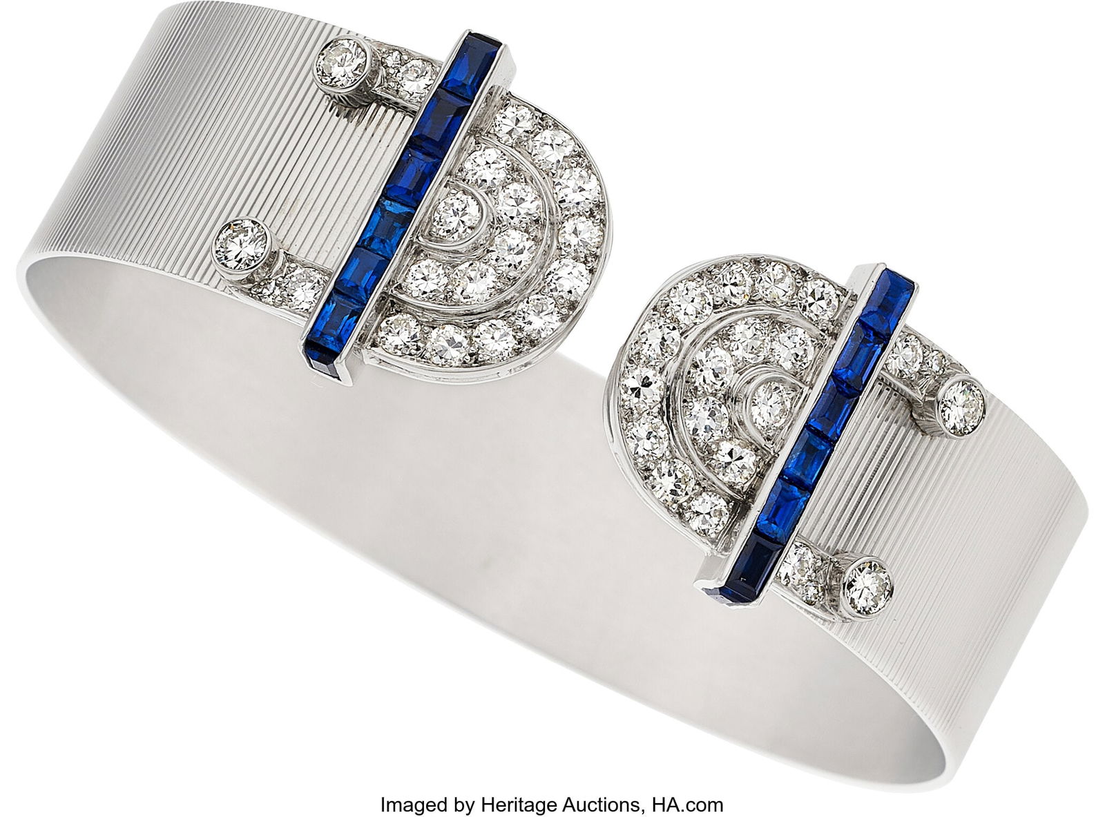 Diamond, Sapphire, Synthetic Sapphire, Platinum: Diamond, Sapphire, Synthetic Sapphire, Platinum, White Gold Bracelet Stones: Transitional and single-cut diamonds weighing a total of approximately 2.50 carats&sem