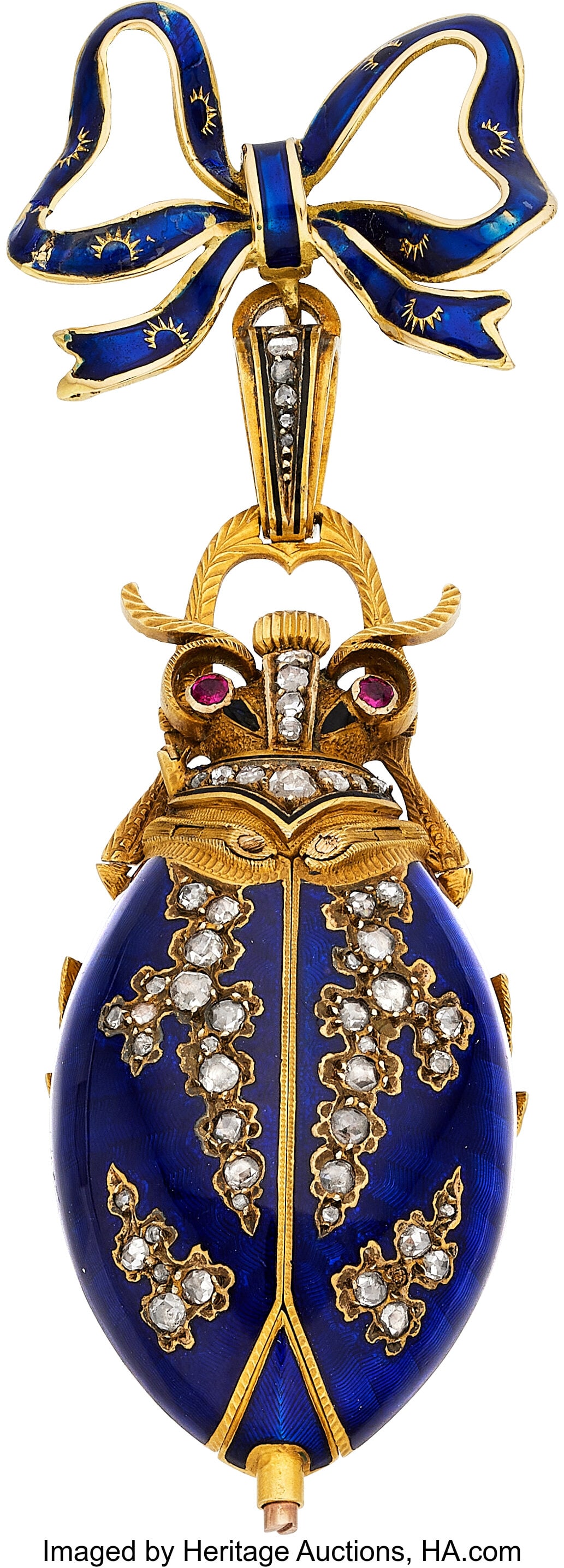 Antique Diamond, Ruby, Enamel, Gold Covered Dia: Antique Diamond, Ruby, Enamel, Gold Covered Dial Lapel Watch Case: 52 x 25 mm, scarab-shaped, 18k gold case, blue enamel, abdomen snapback, diamon