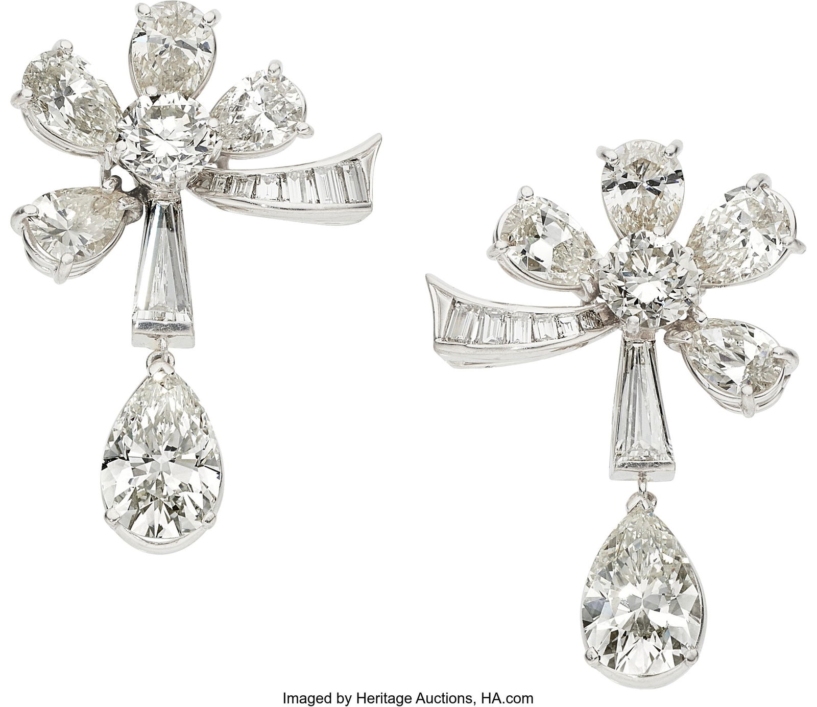 Diamond, Platinum Earrings Stones: Pear-shaped: Diamond, Platinum Earrings Stones: Pear-shaped diamonds weighing a total of approximately 4.50 carats; pear-shaped diamonds weighing a total of approximately 5.00 carats