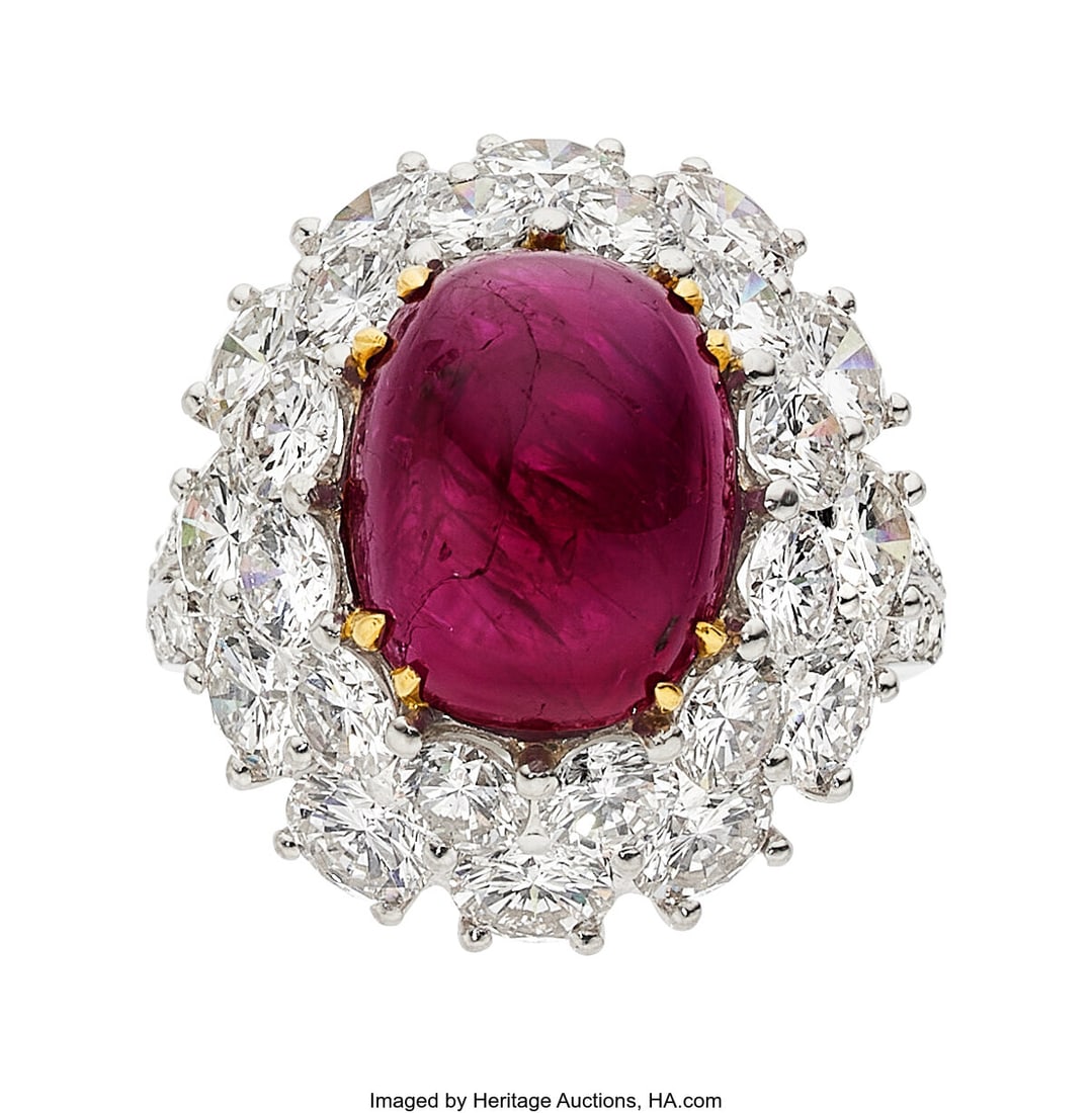 Burma Ruby, Diamond, Platinum, Gold Ring Stones: Burma Ruby, Diamond, Platinum, Gold Ring Stones: Ruby cabochon weighing 8.97 carats; full-cut diamonds weighing a total of approximately 6.50 carats Metal&co